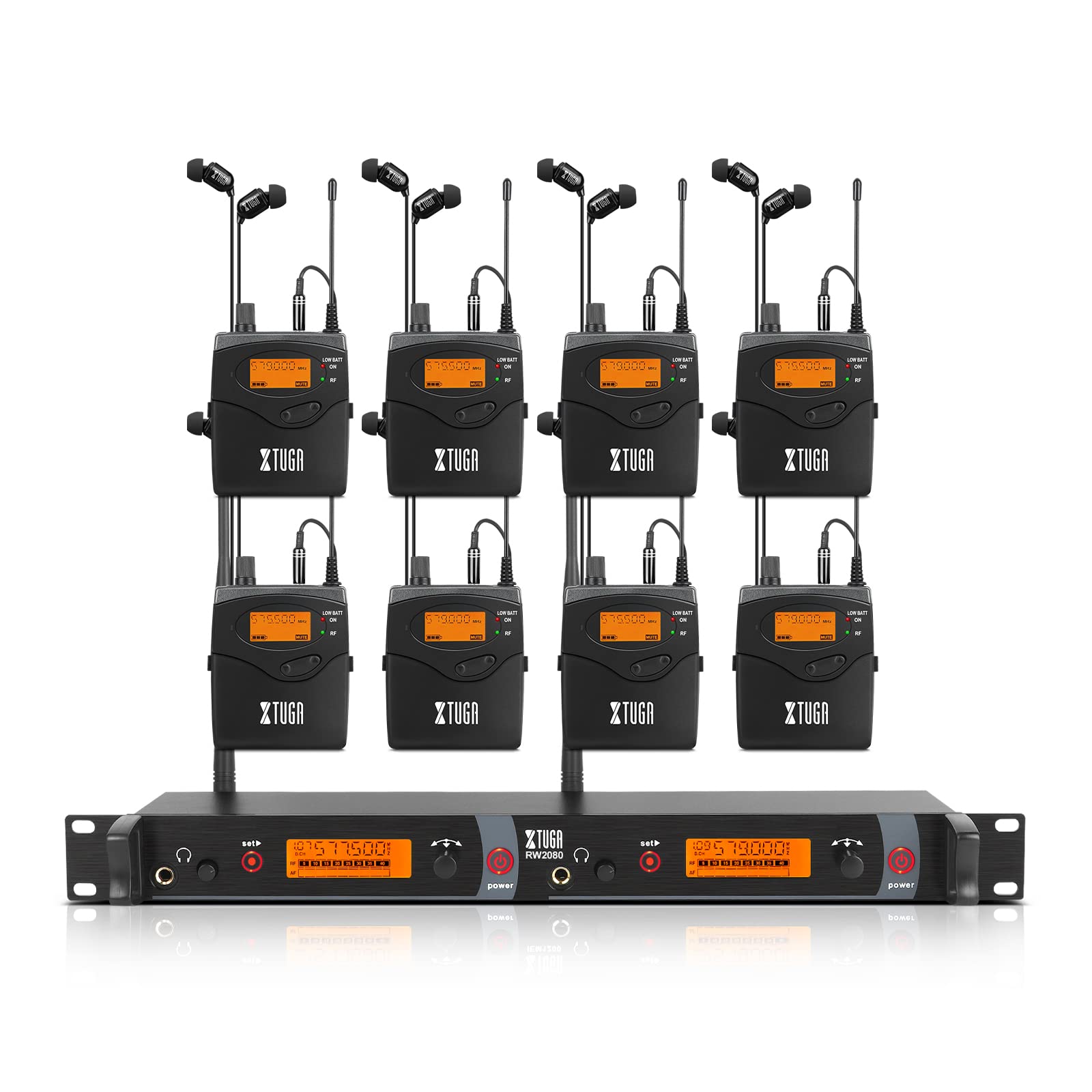XTUGA RW2080 Wireless in Ear Monitor System 8 Bodypacks UHF IEM System, 2 * 40 Frequencies Mono Design Stage Monitors Earphone, 