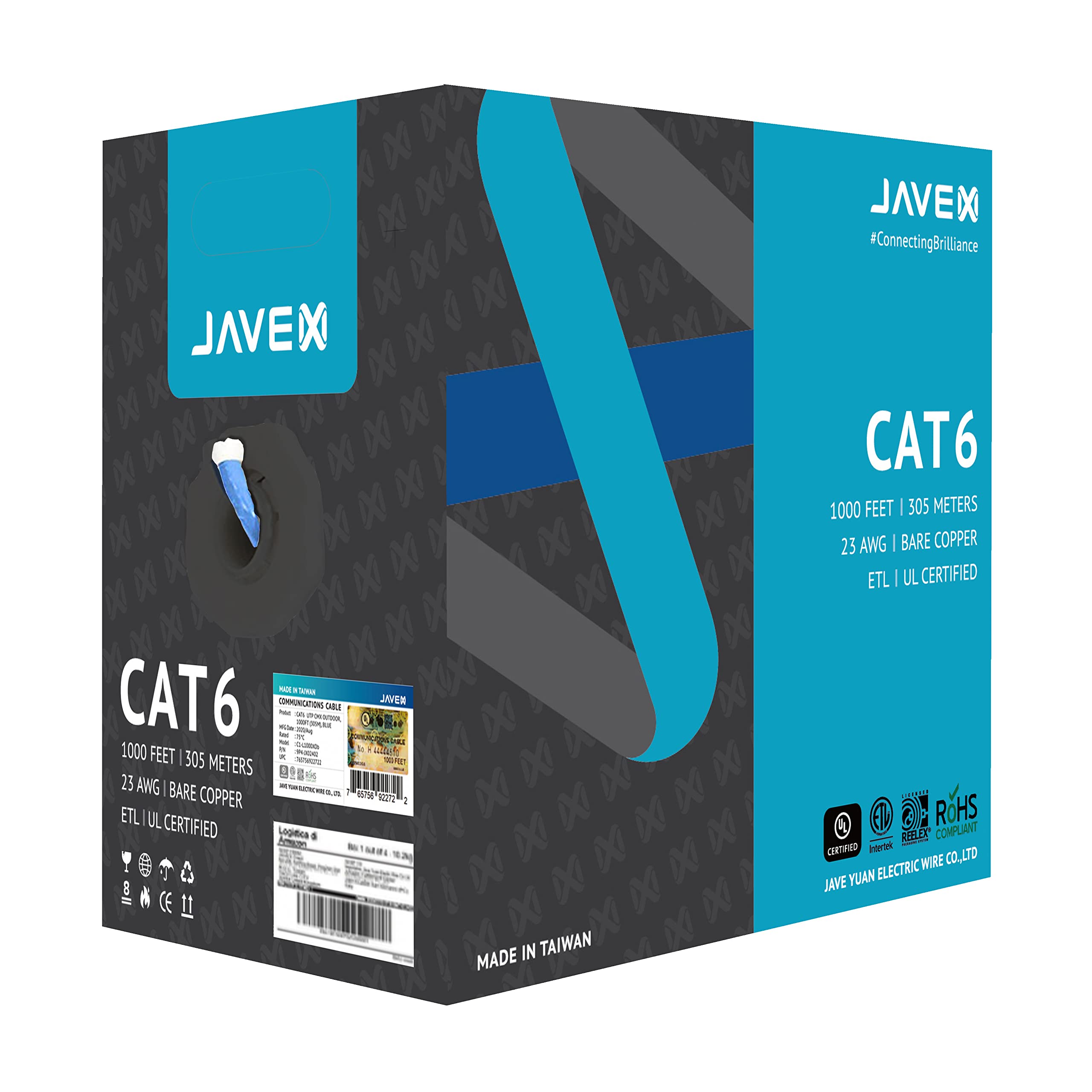 Javex 23Awg Cat6 Ul Certified [1000 Feet] Solid Bare Copper 600Mhz, Poe++ Up To 100W, Etl Listed, Taa Compliant, Made In Taiwan, Utp Ethernet Bulk Cable, Blue