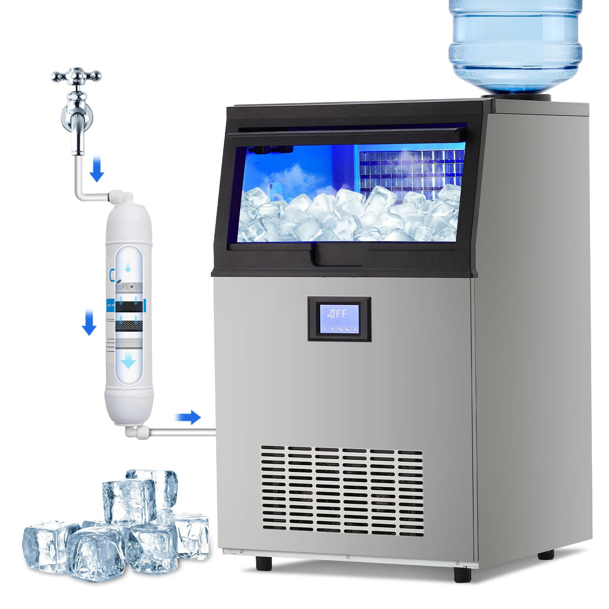 Garvee Commercial Ice Machine, 100Lbs/24H Ice Maker With 2 Water Inlet Modes, 50Pcs/Cycle, 33Lbs Storage Bin, Ice Machine For Ho