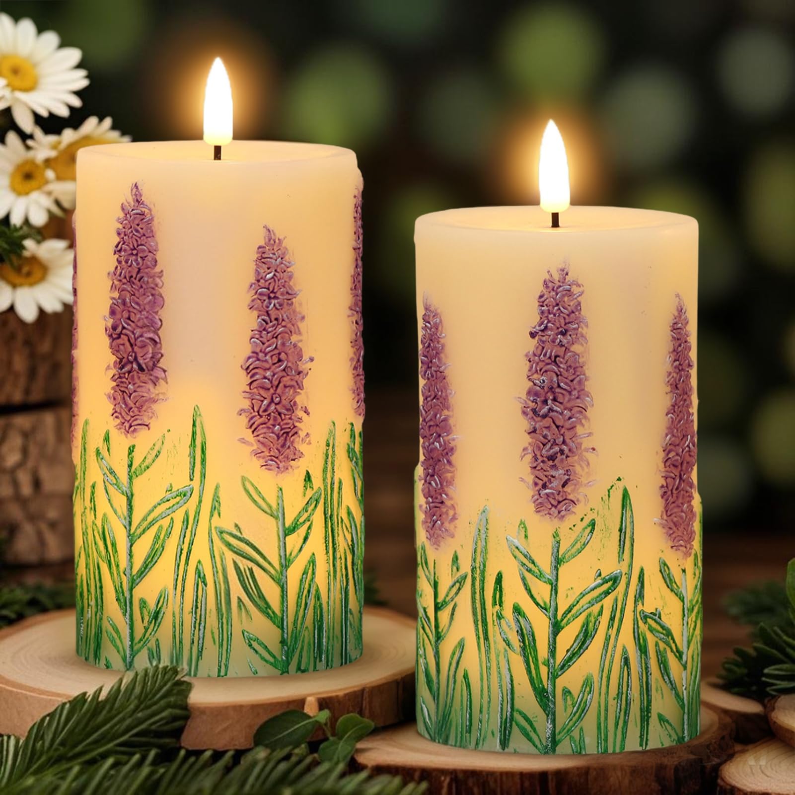 Eldnacele Lavender Flameless Candles with 6 Hour Timer, Battery Operated Hand Painted 3D Wick Flickering Real Wax LED Pillar Can