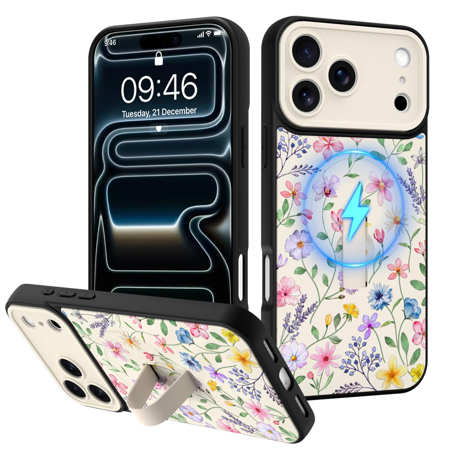 Fiyart Designed for iPhone 17 Pro Case Cute Flower Floral Built-in Finger Strap Phone Grip Kickstand for Women Girls,Compatible 