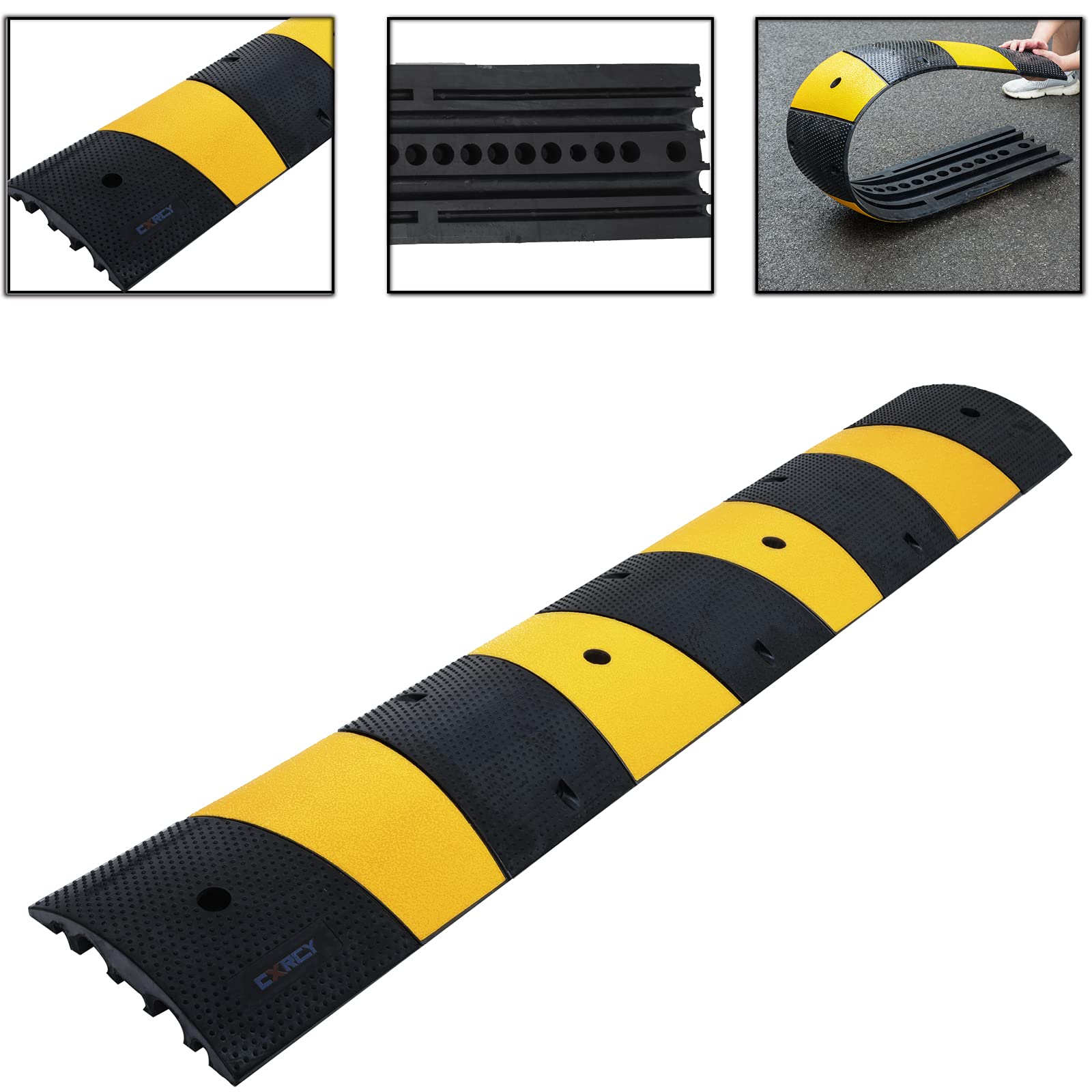 CXRCY Heavy Duty Modular 2-Channel Speed Bump Cable Ramp Rubber Yellow Black 71.7x12x2.4 Inch 2-Pack