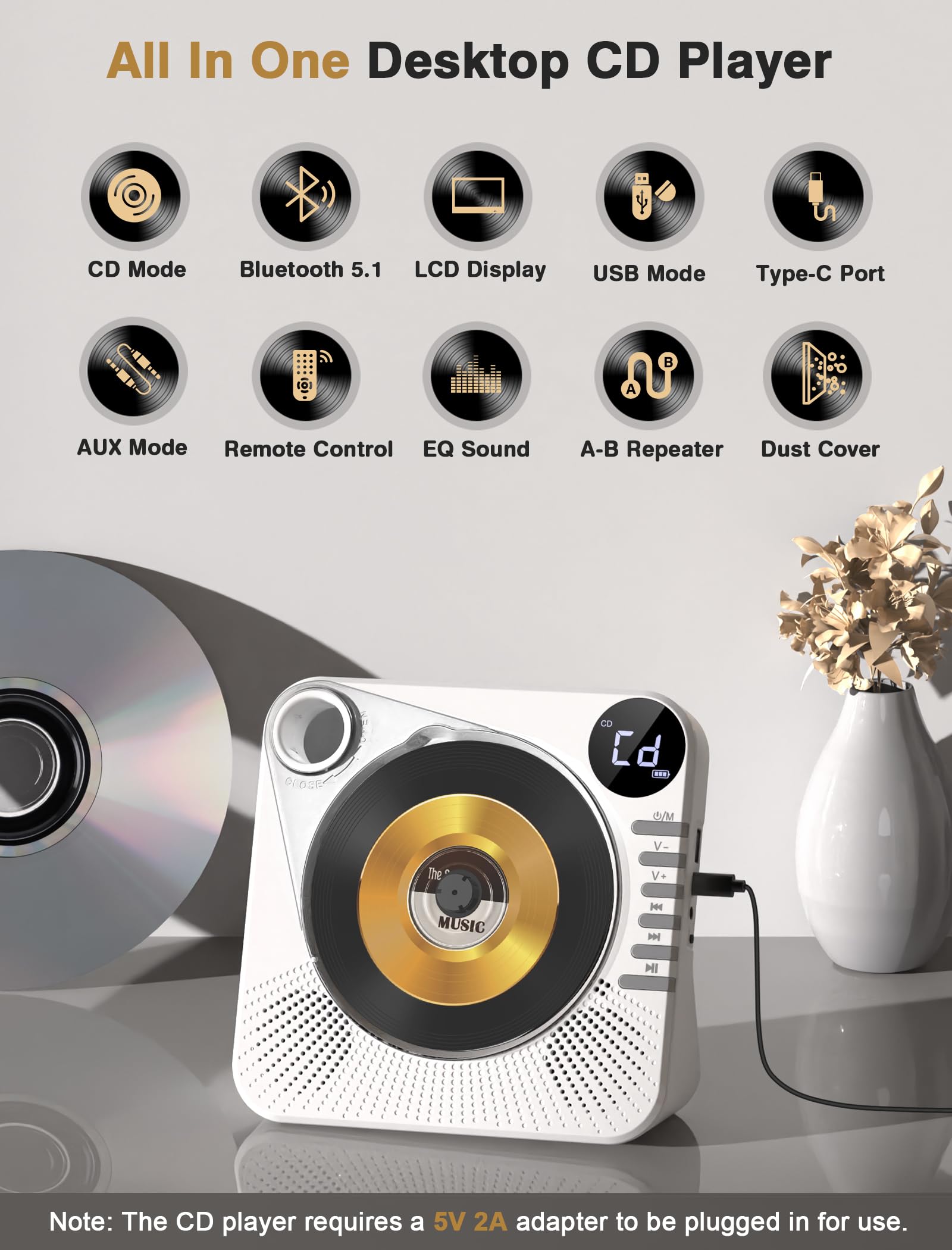 Desktop Cd Player Bluetooth With Hifi Dual Speaker, Cd Player For Home With Remote Control,Dust Cover,Lcd Display,Sleep Timer,Eq