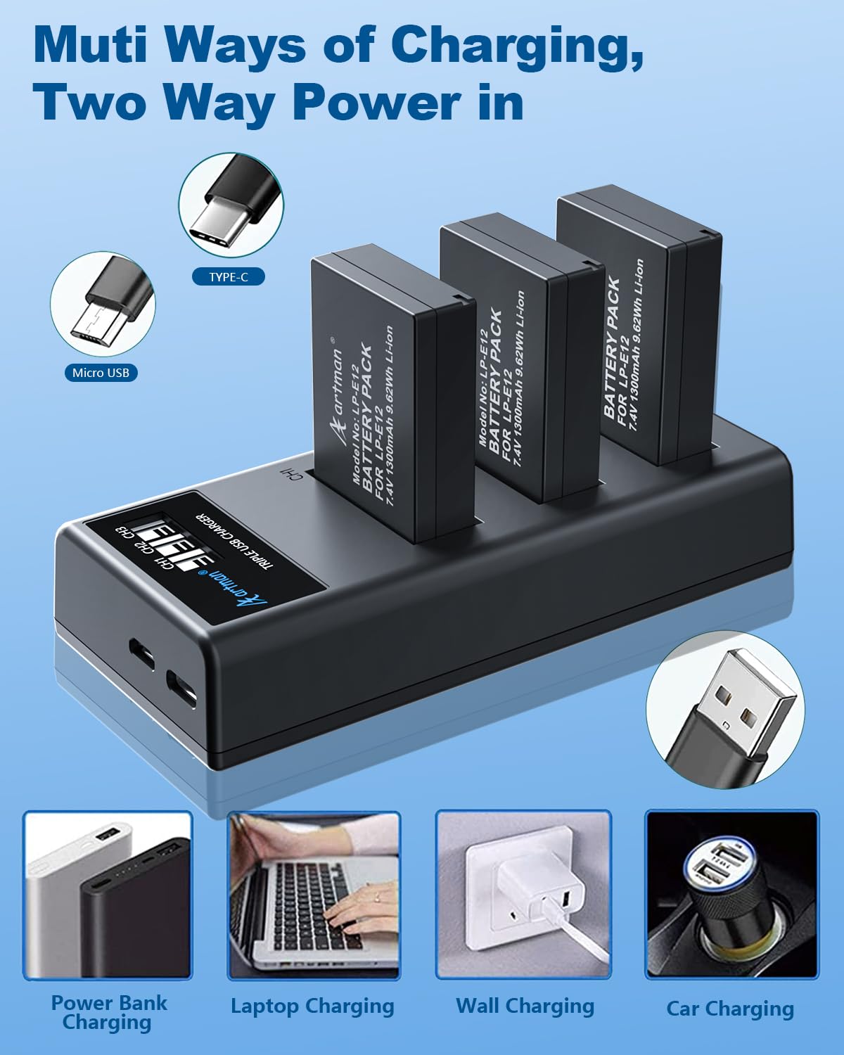 Artman 3 Pack Lp E12 Batteries 1300Mah And 3 Slot Lcd Charger Pack For Canon Eos M50, M50 Mark Ii, M, M2, M10, M100, M200, Rebel