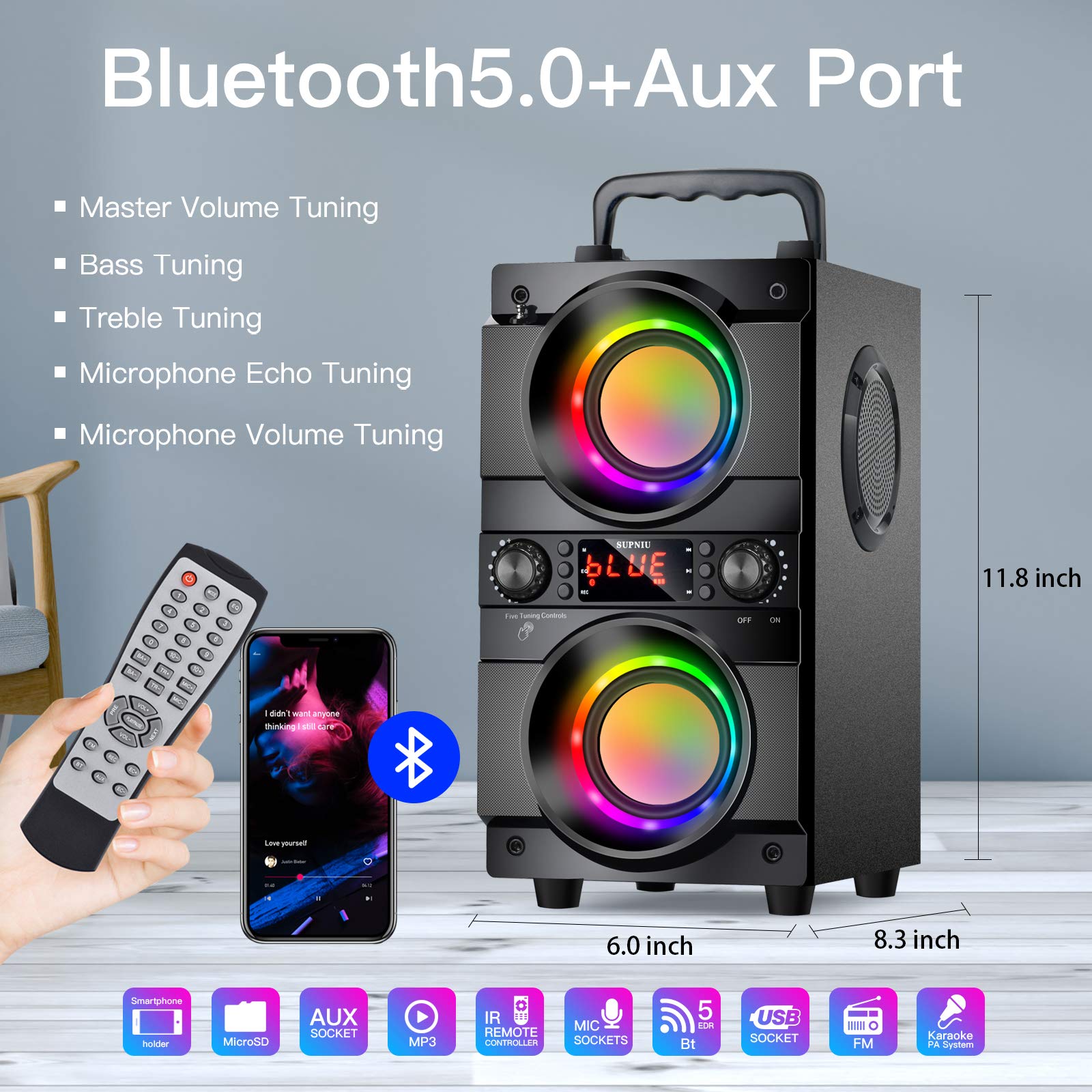 60W (80W Peak) Portable Bluetooth Speaker With Double Subwoofer Heavy Bass, Bluetooth 5.0 Wireless 100Ft Outdoor Speaker, Suppor