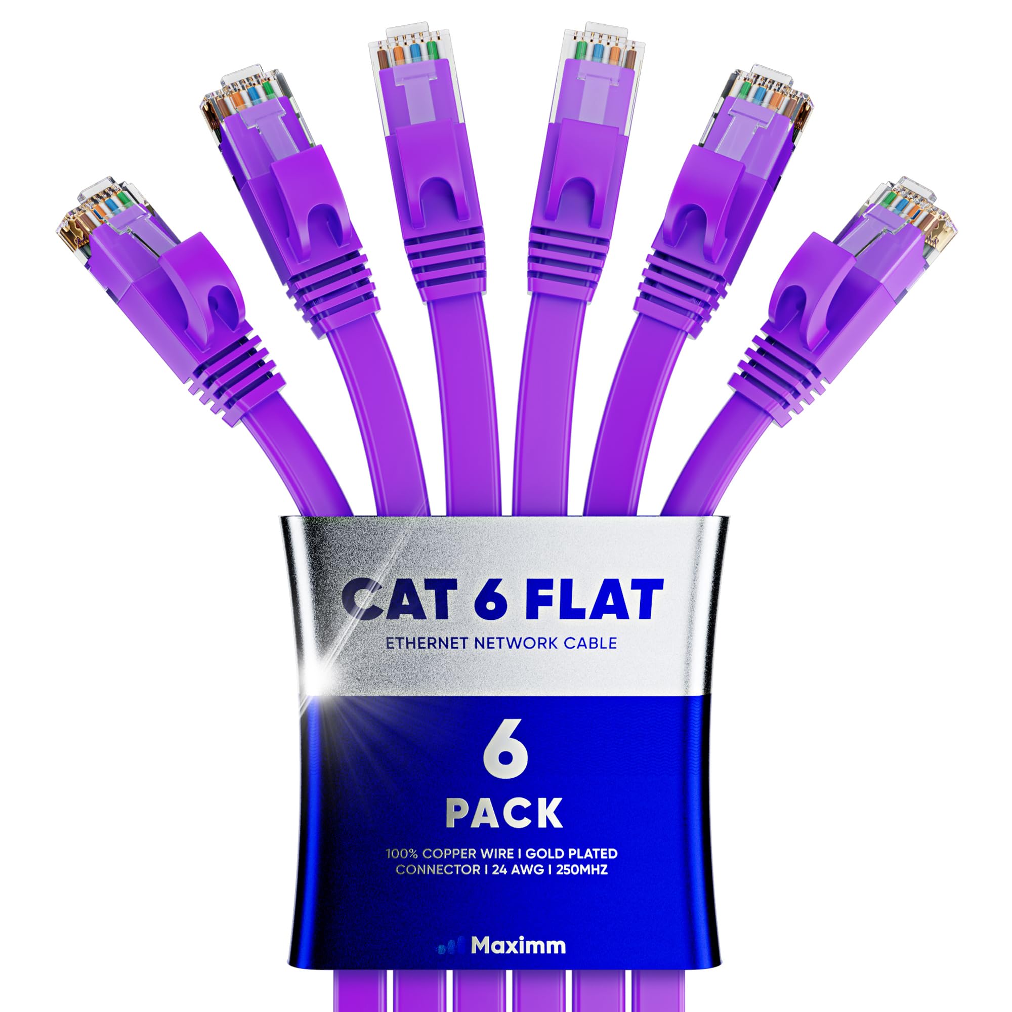 Cat 6 Ethernet Cable 2 Ft   With A Flat, Space Saving Design High Speed Internet & Network Lan Patch Cable, Rj45 Connectors   2Ft / Purple / 6 Pack   Perfect For Gaming, Streaming, And More