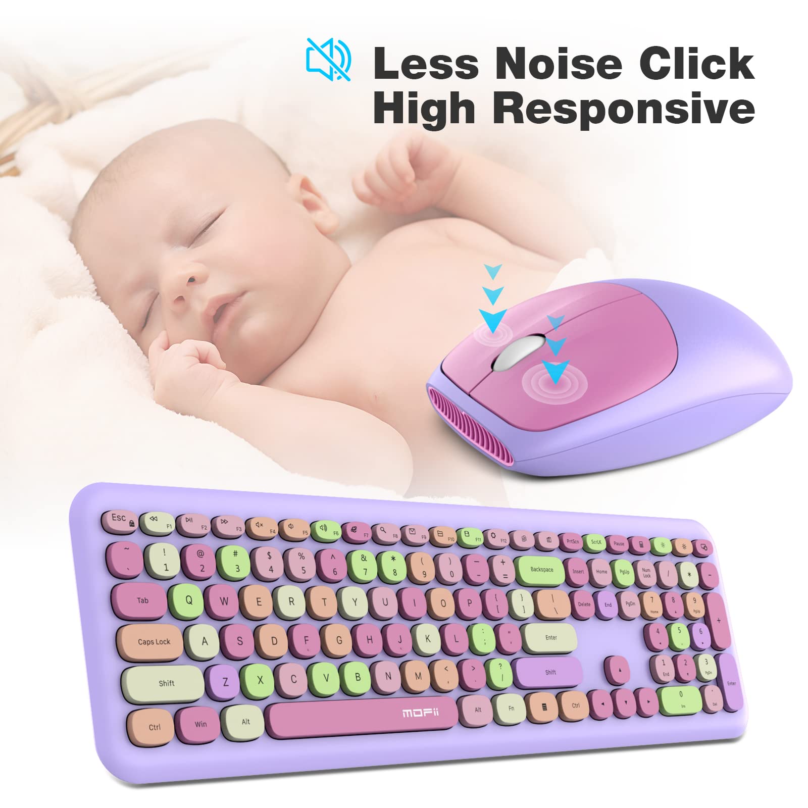 MOFII Wireless Keyboard and Mouse Combo, Slim Ergonomic Design, Full Size, 443*138*29 MM, Purple Colorful, Model: Vikisda