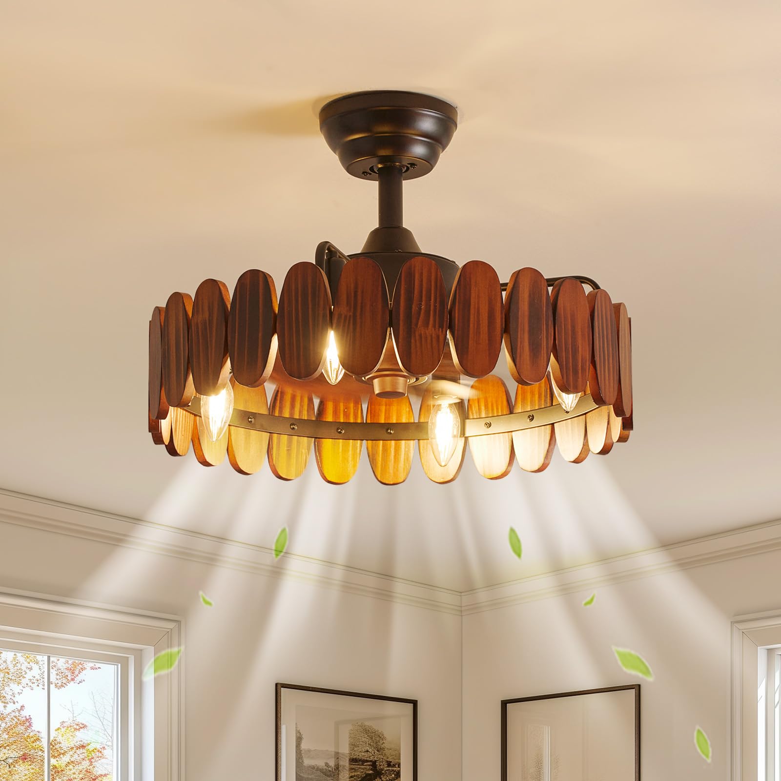 SAYTOP Farmhouse Wood Ceiling Fan with Lights, 19.7 Inch Rustic Chandelier Ceiling Fans Vintage Fence Caged Enclosed Bladeless C