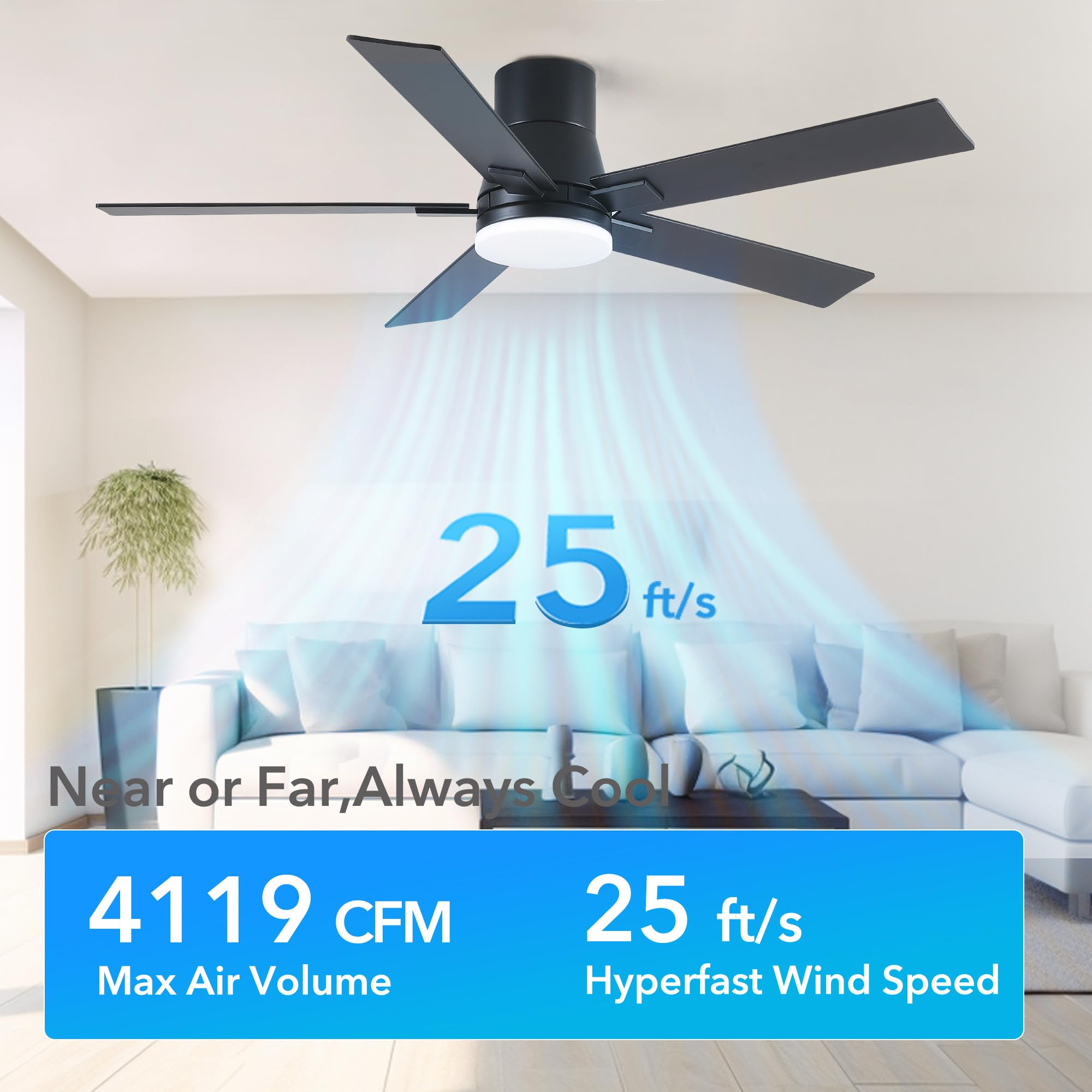 52 Inch Ceiling Fans With Lights And Remote,Flush Mount Black Ceiling Fan With 5 Blades,6 Speed Reversible Dc Motor,3Cct Dimmabl