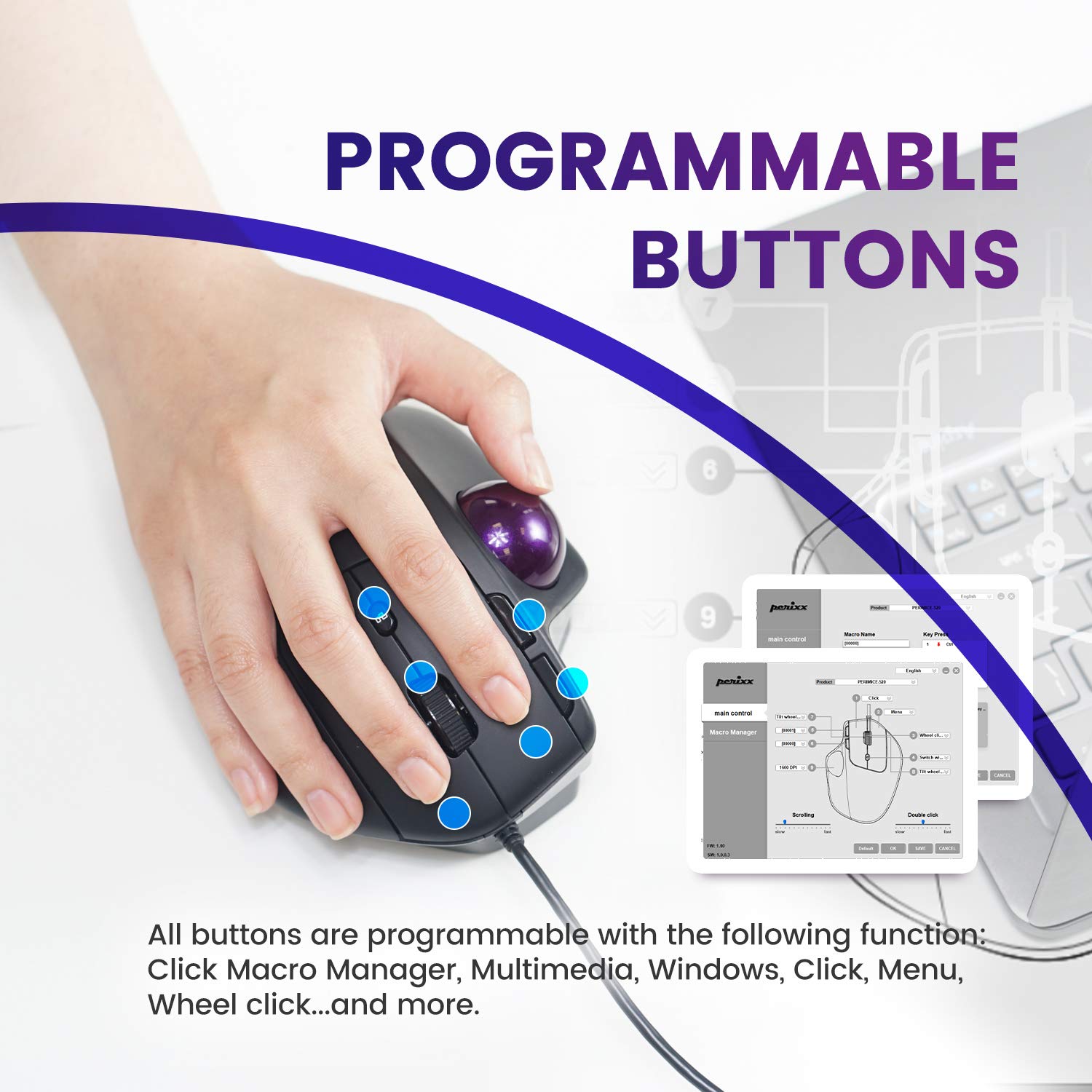 Perixx Perimice 520 Wired Usb Ergonomic Programmable Trackball Mouse, Adjustable Angle, 8 Button Design, Black (Pm 520 11447)