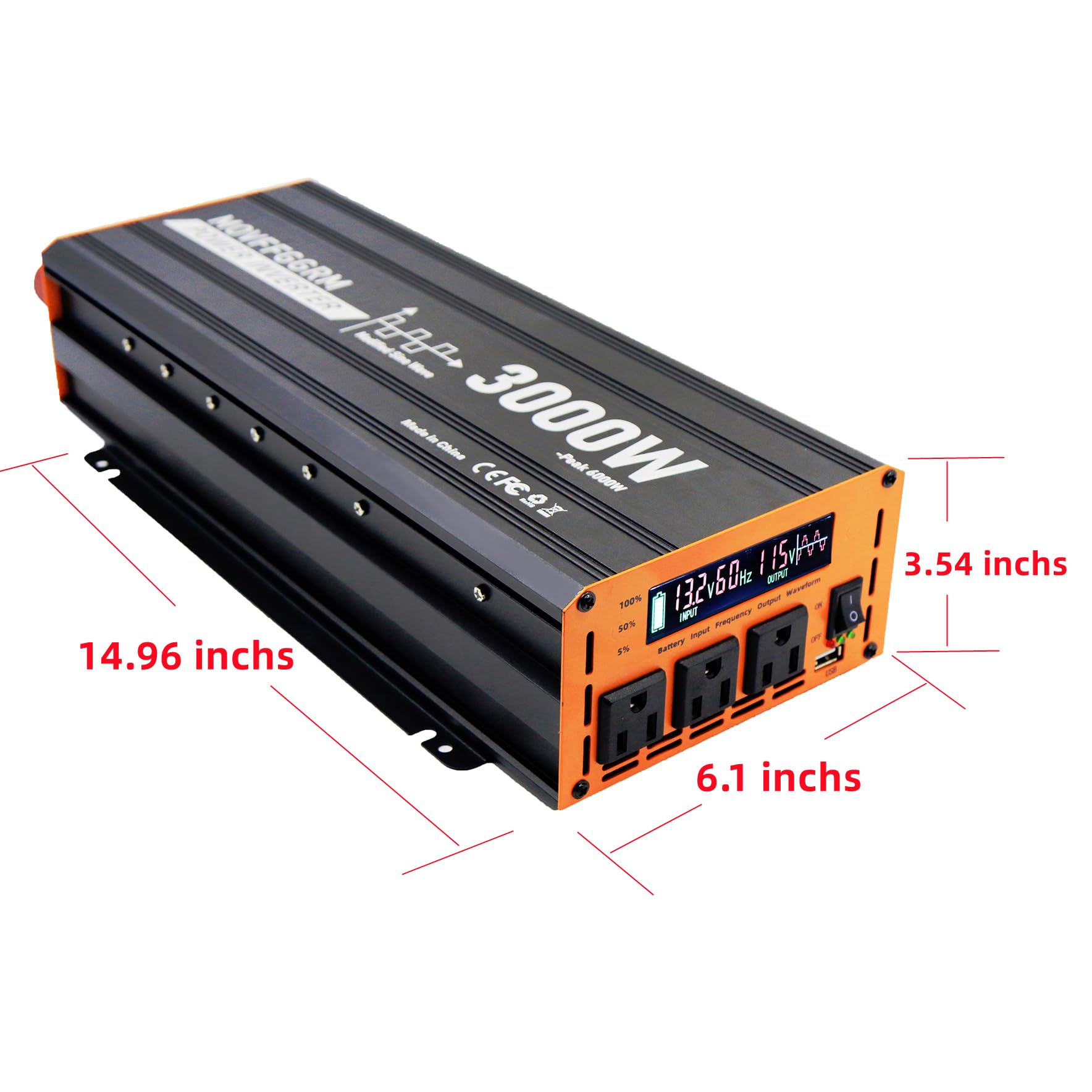 3000 Watt Power Inverter Converter, Car/Truck/Rv 12V Dc To 110V Ac Converter, With Led Display, 3Ac Outlets, Usb Port