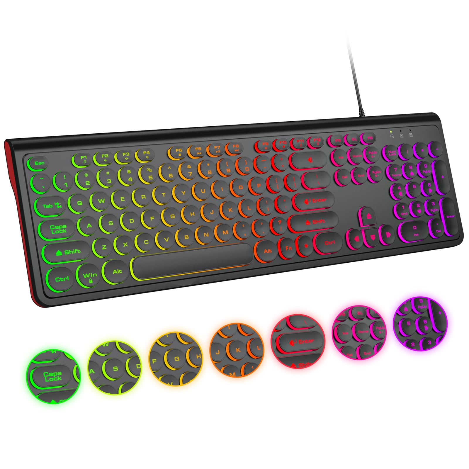 Atelus Usb Wired Keyboard With Backlit 7 Colors, Full Size Keyboard With Retro Keycaps, Numeric Keypad And Media Hotkey For Comp