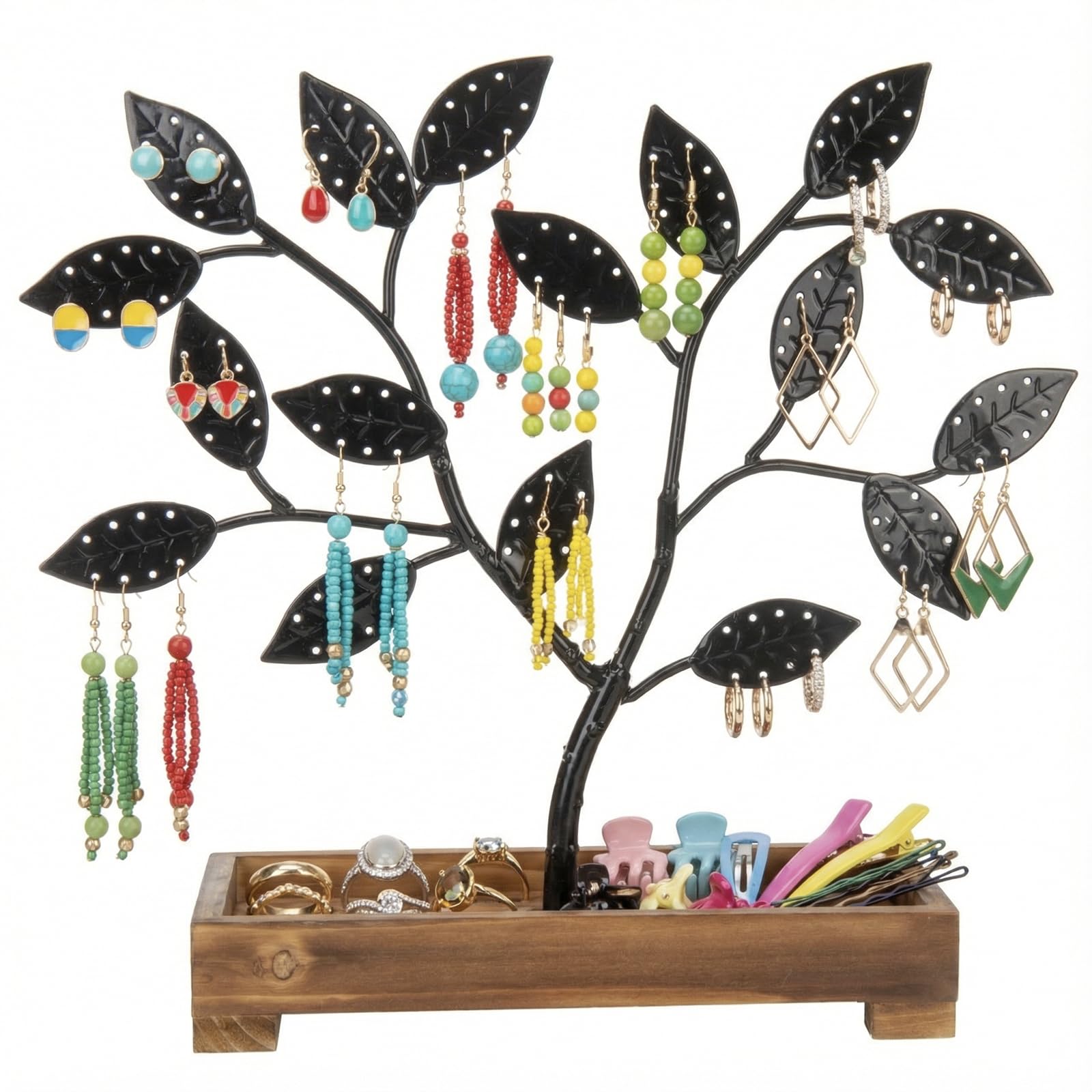 Mygift Black Metal Jewelry Tree, Earring Necklace Hanger With Wooden Tray Holder