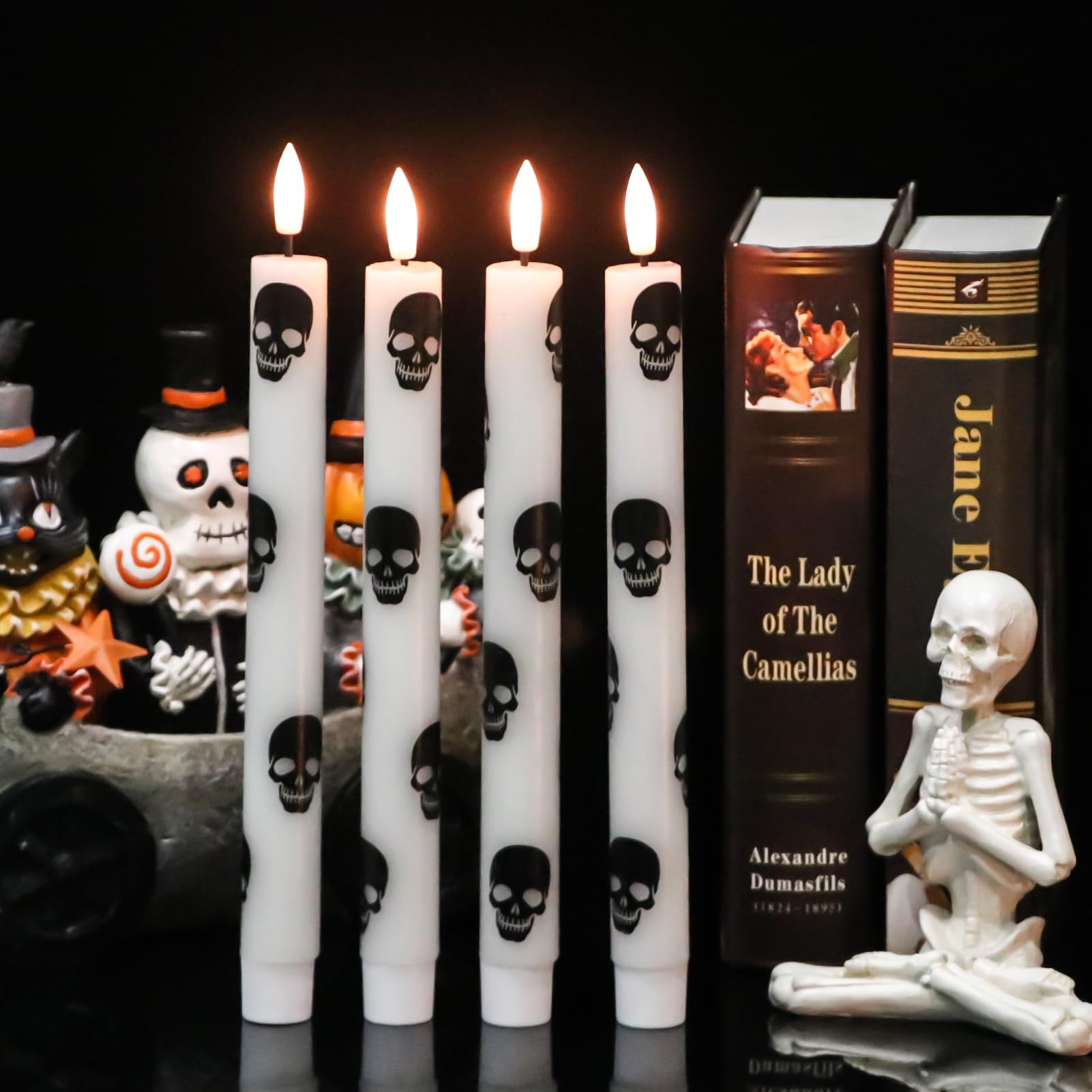 Genswin Halloween Flameless Taper Candles Remote Timer, 4 Pack Real Wax Led Taper Candles Battery Operated Flickering With Skull