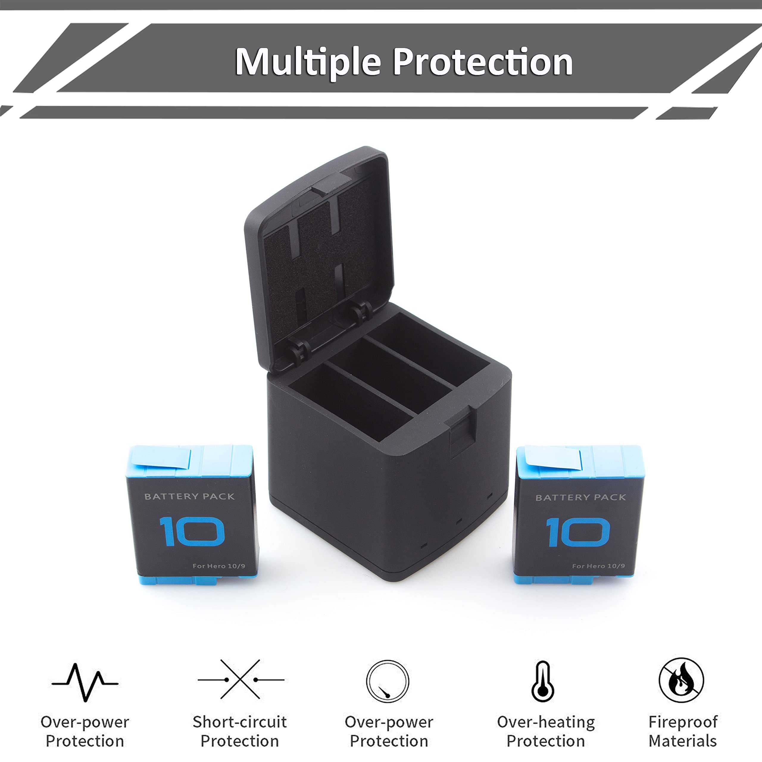 2 Pack Batteries Fit For Gopro Hero 10, Hero 9 Black, 3 Channel Battery Charger Station For Hero 10/ Hero 9