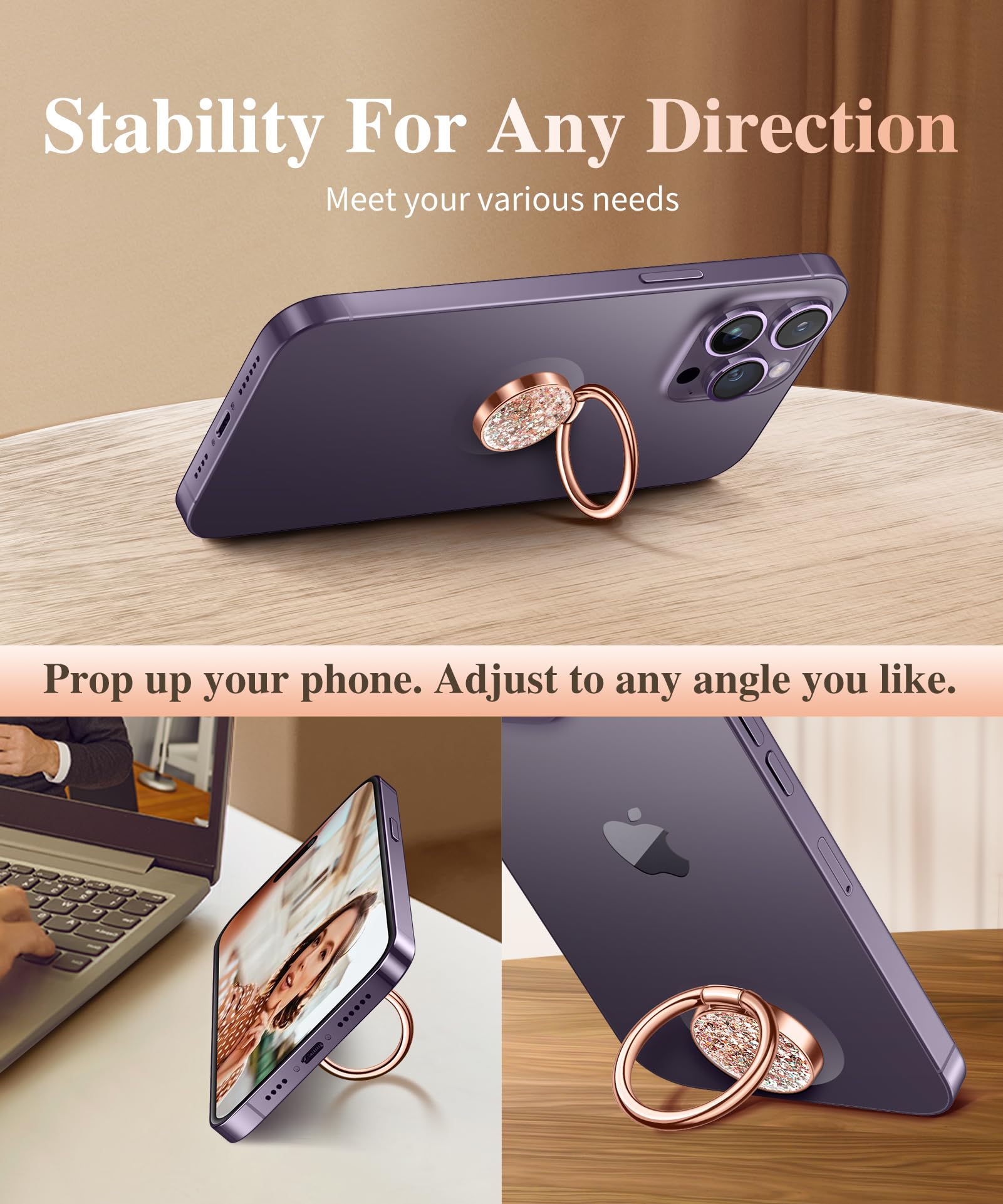 Gviewin Glitter Cell Phone Ring Holder, Metal Kickstand Grip For Magnetic Car Mount Compatible With Iphone 16 Pro Max/15 Plus/14