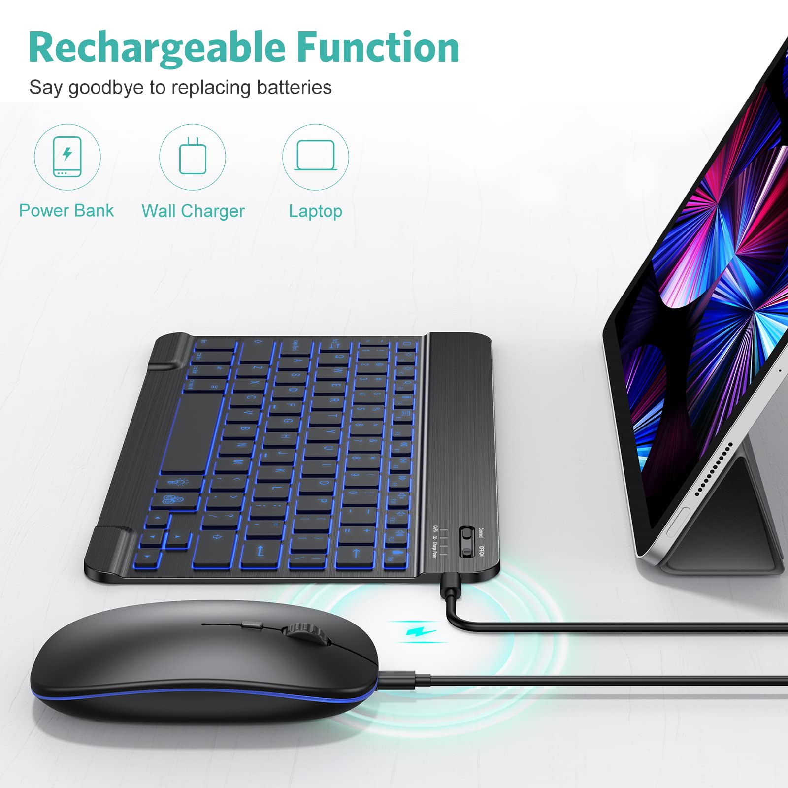 Tecurs Bluetooth Keyboard And Mouse Combo For Ipad   Rechargeable Wireless Keyboard & Mouse With 7 Color Backlit Compatible With