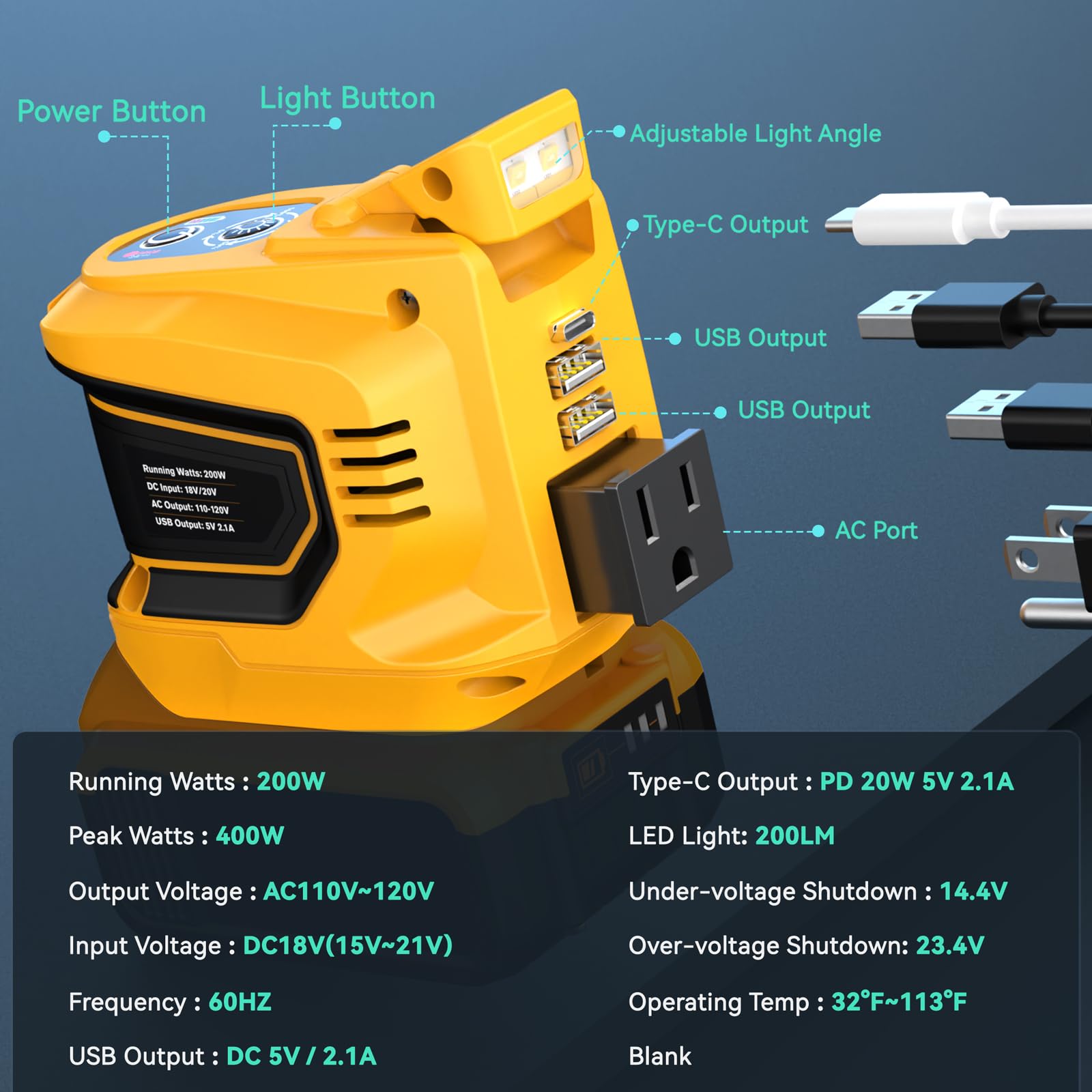 200W Portable Power Inverter For Dewalt 20V,Ecarke Outdoor Generato Battery Converter With 2 Usb&Led&Ac Battery Powered Outlet,C