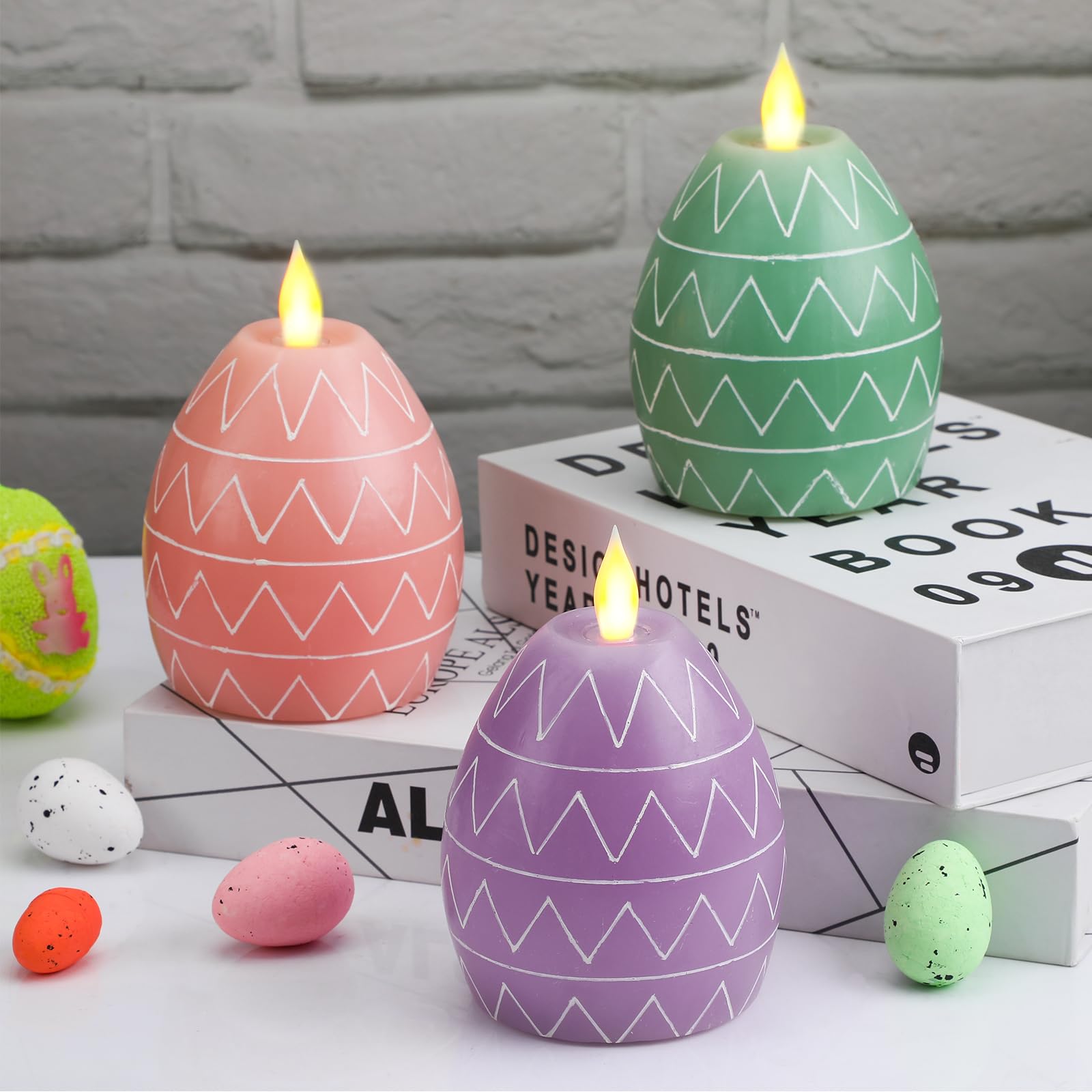 Mtlee 3 Pcs Easter Egg Candles 3 Color Scented Real Wax Led Easter Flameless Candles Spring Battery Operated Egg Shaped Holiday