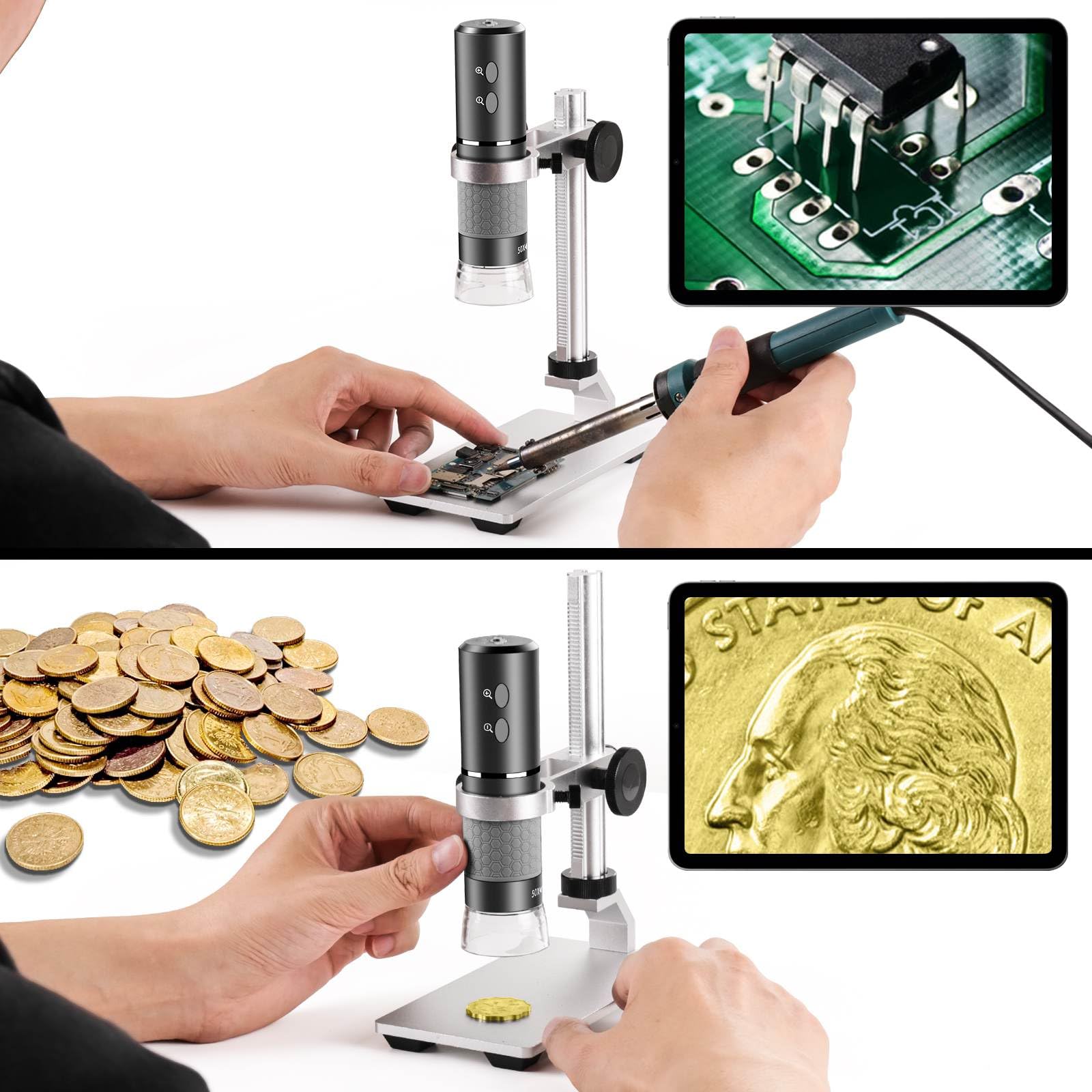 Ninyoon 4K Microscope With Professional Stand For Iphone Android Pc, 50 1000X Digital Usb Microscope Endoscope Hd Camera For All
