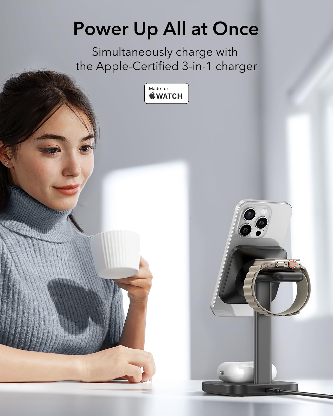 Esr 3 In 1 Wireless Charging Station For Apple[Certified] Portable Apple Watch Charger & Magsafe Charger Stand, Wireless Charger