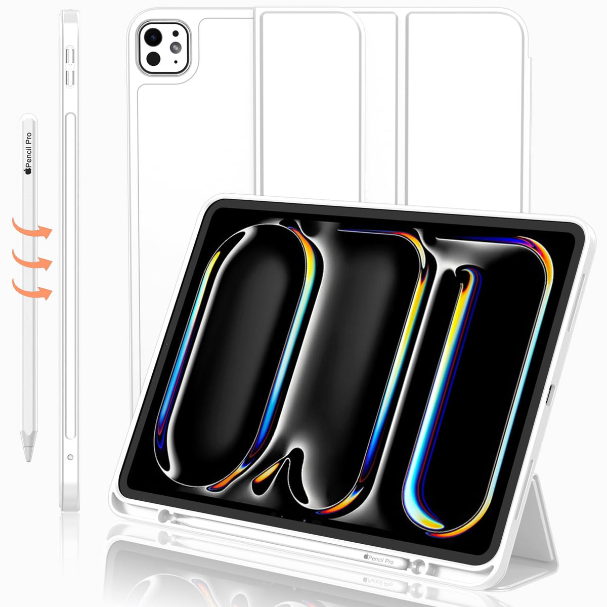 Imieet Ipad Pro 13 Inch Case M4 (2024) With Pencil Holder, [Support Pencil Pro And Pencil (Usb C)],Trifold Stand Smart Case With Soft Tpu Back, Auto Wake/Sleep (White)
