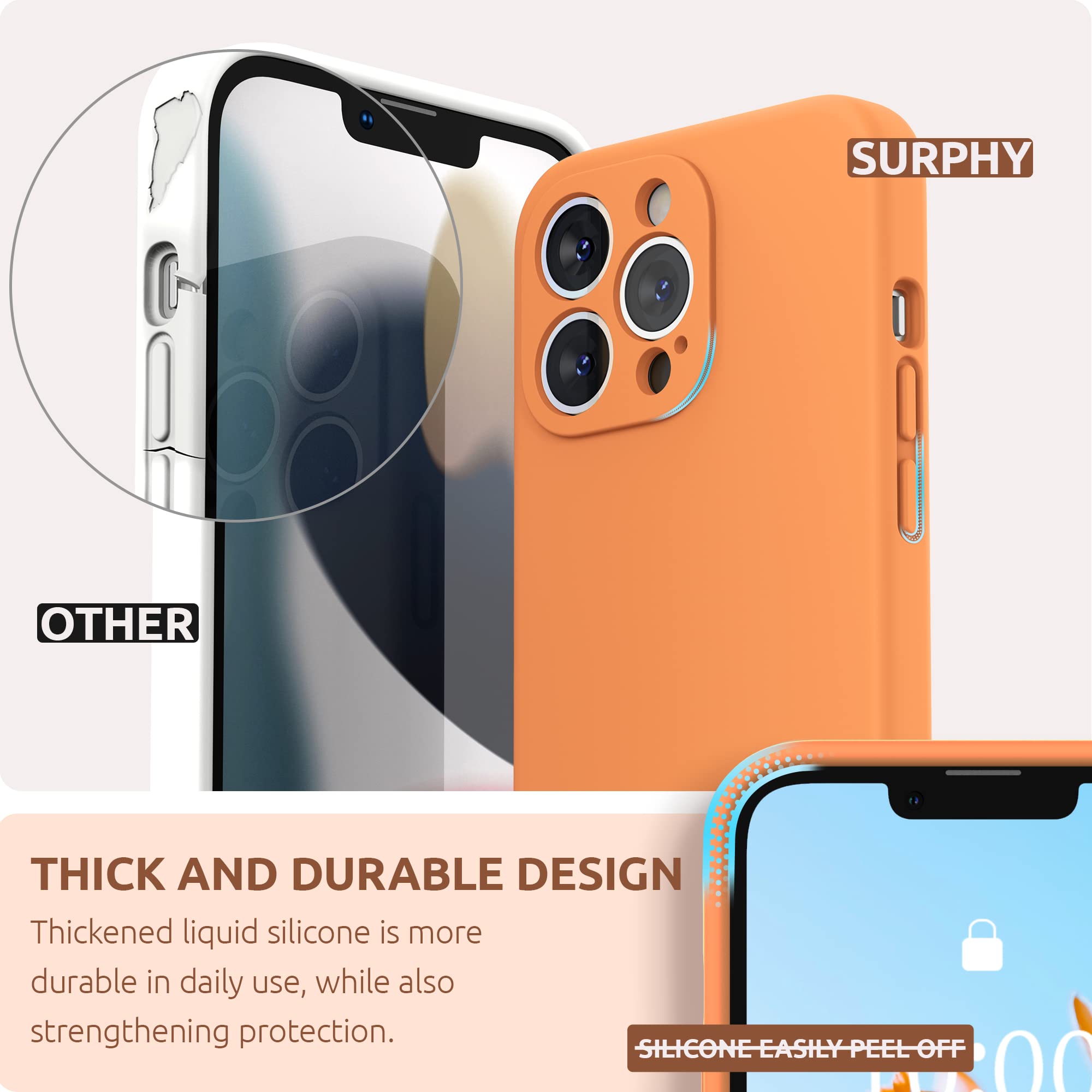 Surphy Compatible With Iphone 13 Pro Case With Screen Protector, (Camera Protection + Soft Microfiber Lining) Liquid Silicone Ph