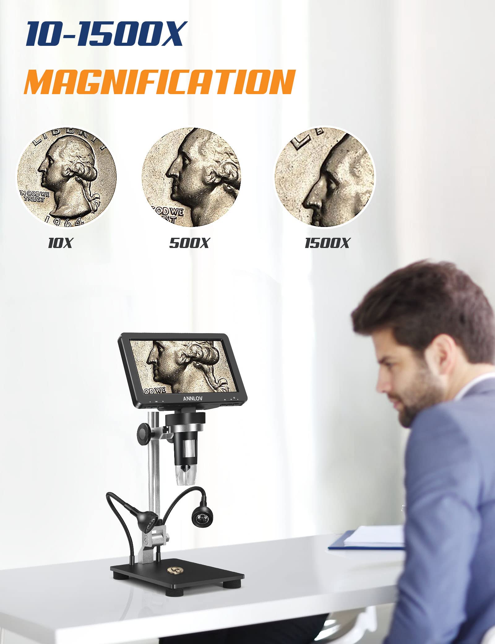 Annlov 7'' Hdmi Lcd Digital Microscope, 1500X Coin Microscope Video Microscope With 16Mp Image Sensor, Windows/Tv/Mac Compatible
