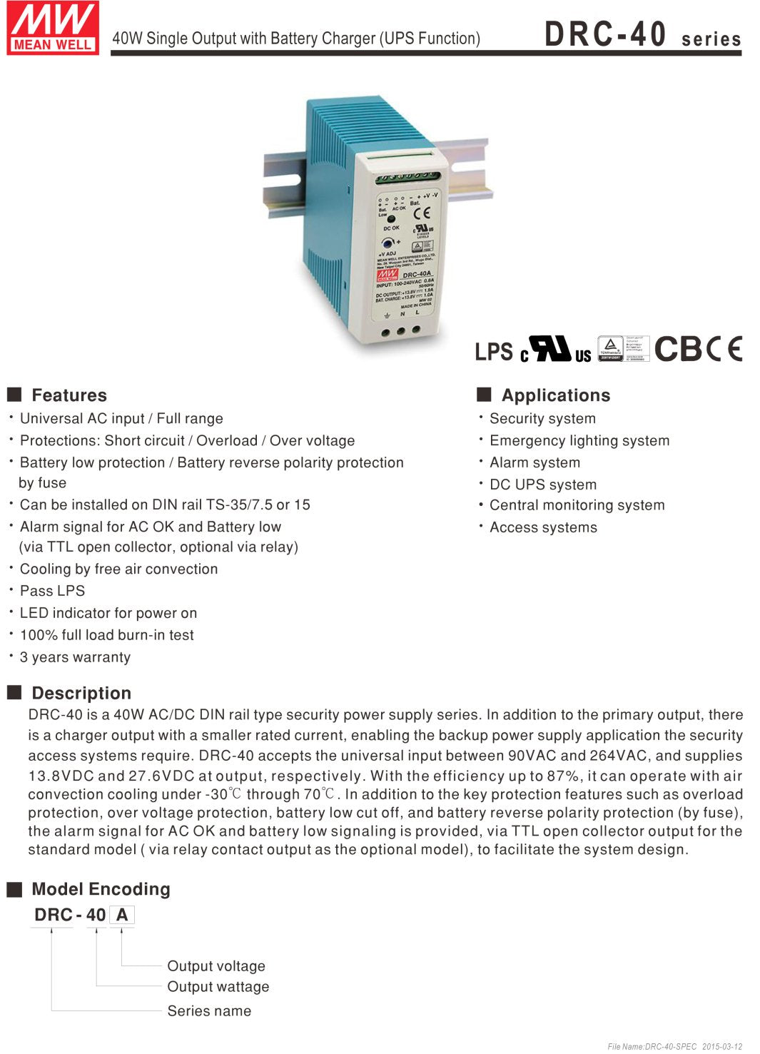 Mean Well (Drc 40A) Din Rail Single Output Switching Power Supplies With Battery Charger (Ups Function), Output: 40.02W 13.8V 1.