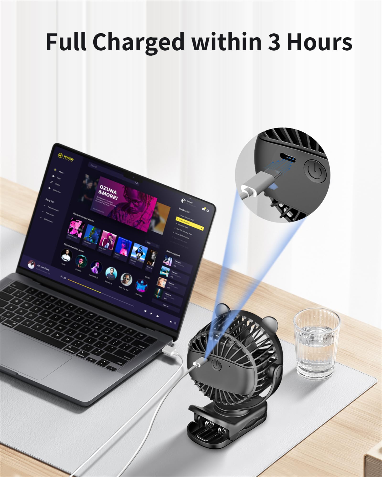Gototo Clip On Fan, Rechargeable Portable Fan With 2000Mah Battery Operated, Small Fan With Powerful Clip Design, 3 Wind Speed,