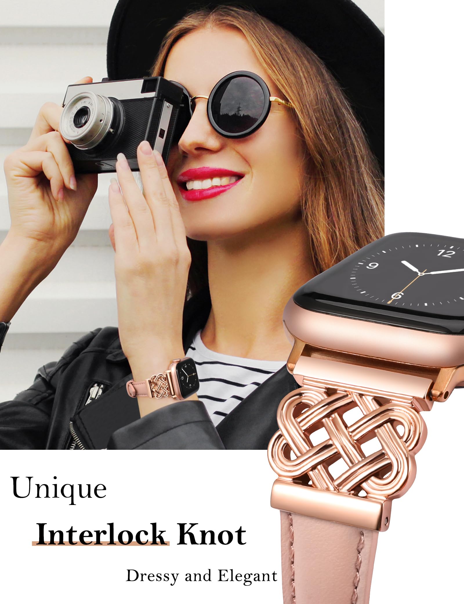 Toyouths Leather Band Compatible With Apple Watch Bands Women 38/40/41/42Mm Dressy Slim Leather Strap With Designer Interlock Bu