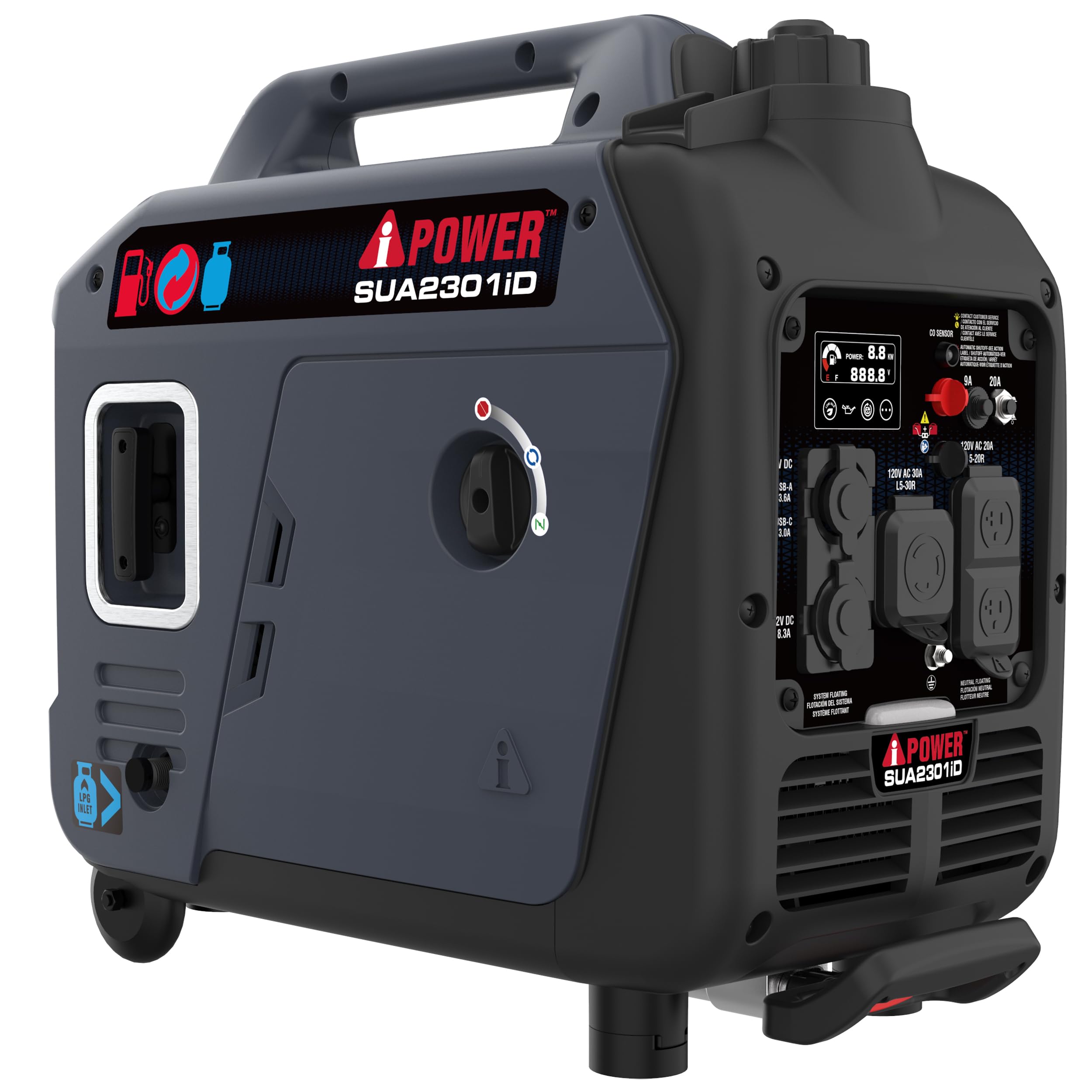 A Ipower Portable Inverter Generator Dual Fuel, 2300W Rv Ready, Epa & Carb Compliant Co Sensor, Light Weight With Telescopic Han