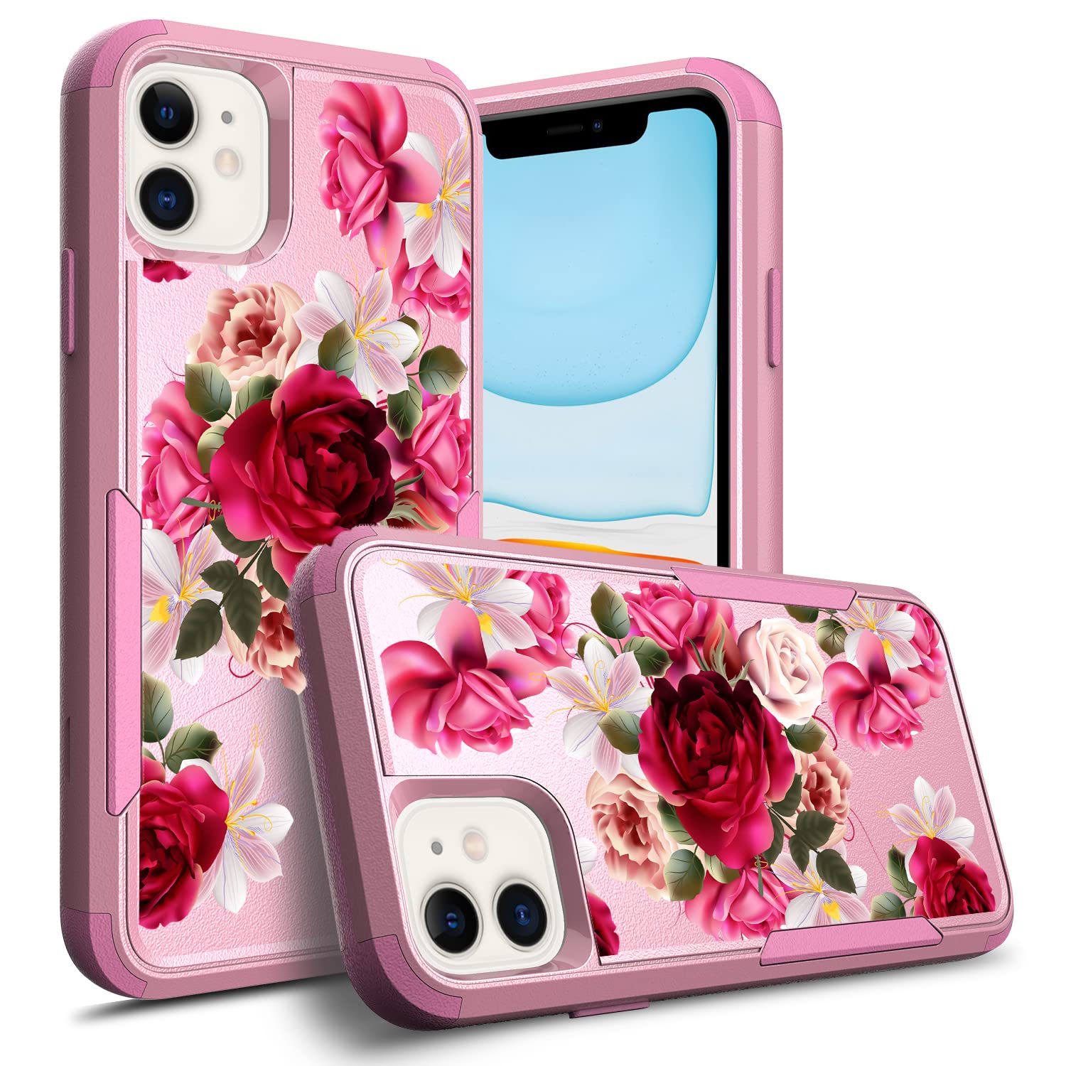 Compatible For Apple Iphone 11 Cases, Pink Cute Women & Girls Heavy Duty [ Red Rose Floral ] Cover With [ Shockproof ] Protectiv