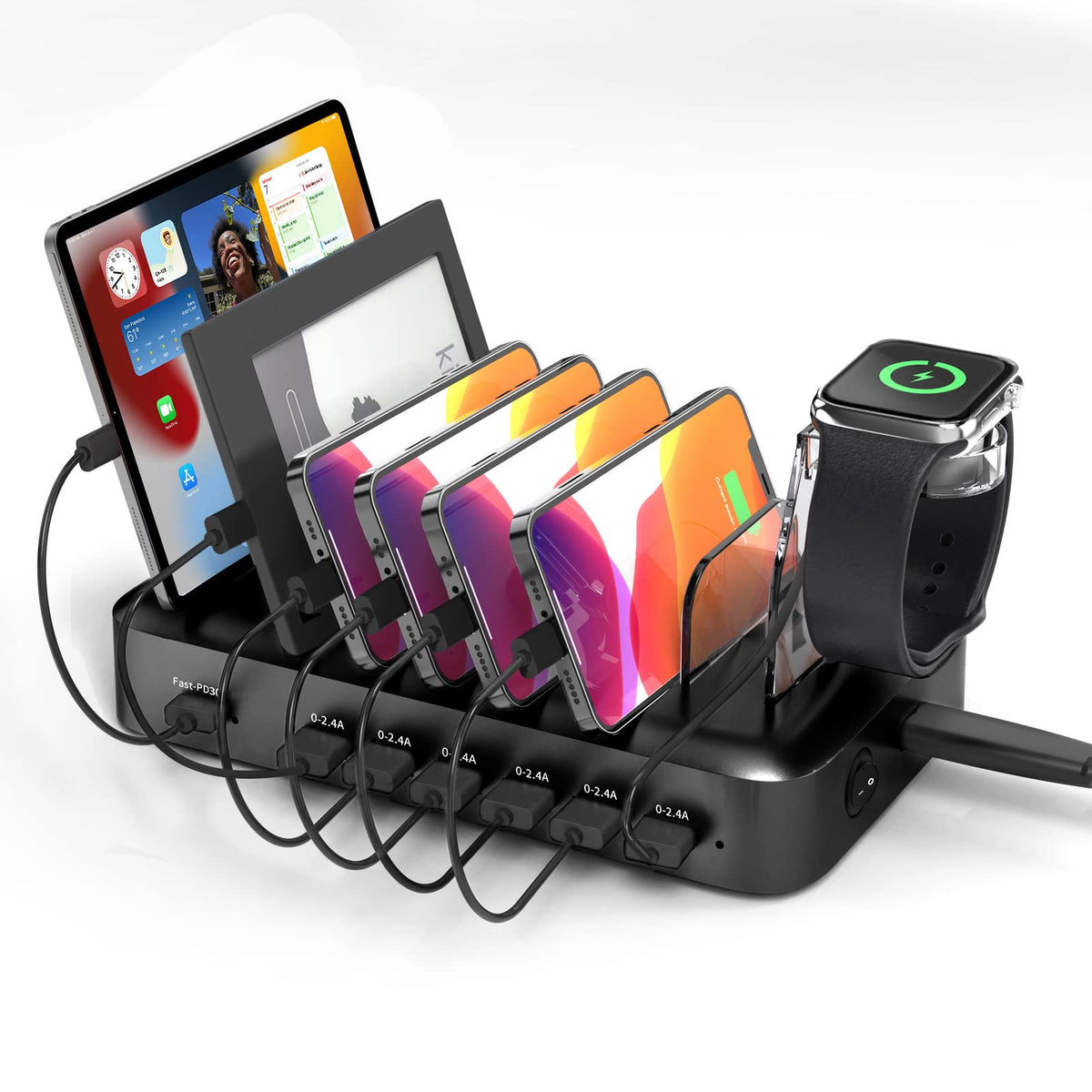 Charging Station For Multiple Devices Apple, 70W 7 Port Usb C Charging Station With 30W Pd Charger Port, Phone And Watch Charger