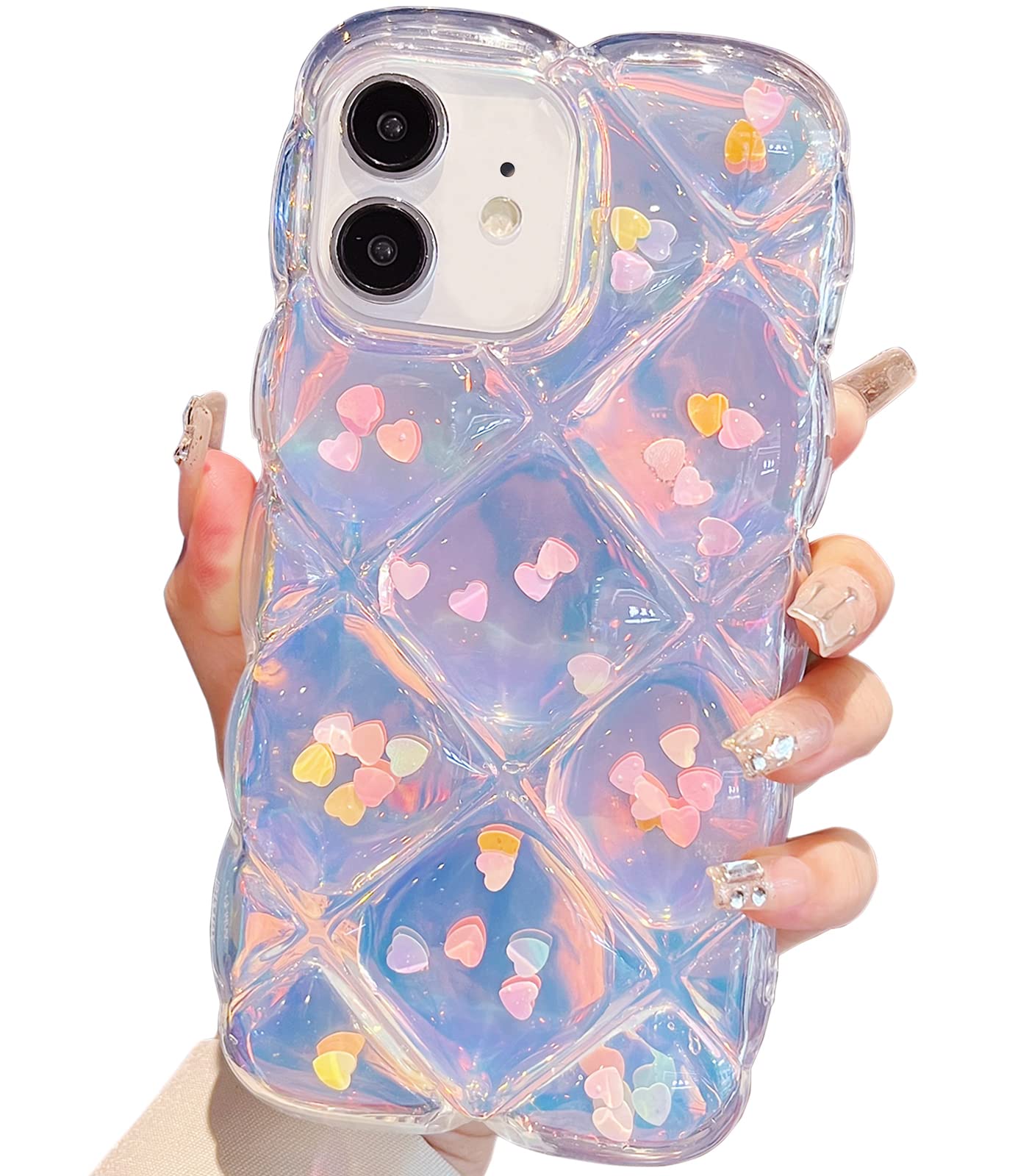 Qokey For Iphone 11 Case 6.1 Inch,Cute Laser Gradual Bling Love Heart Glitter Clear+Translucent Card Soft Wave Frame Anti Fallin