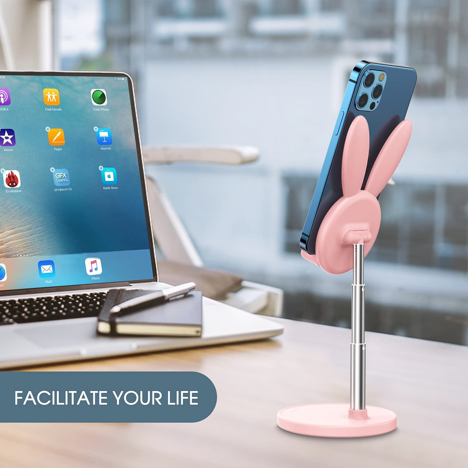 Oatsbasf Cute Cell Phone Stand, Adjustable Bunny Phone Stand For Desk, Thick Case Friendly Holder Compatible With Iphone, Kindle