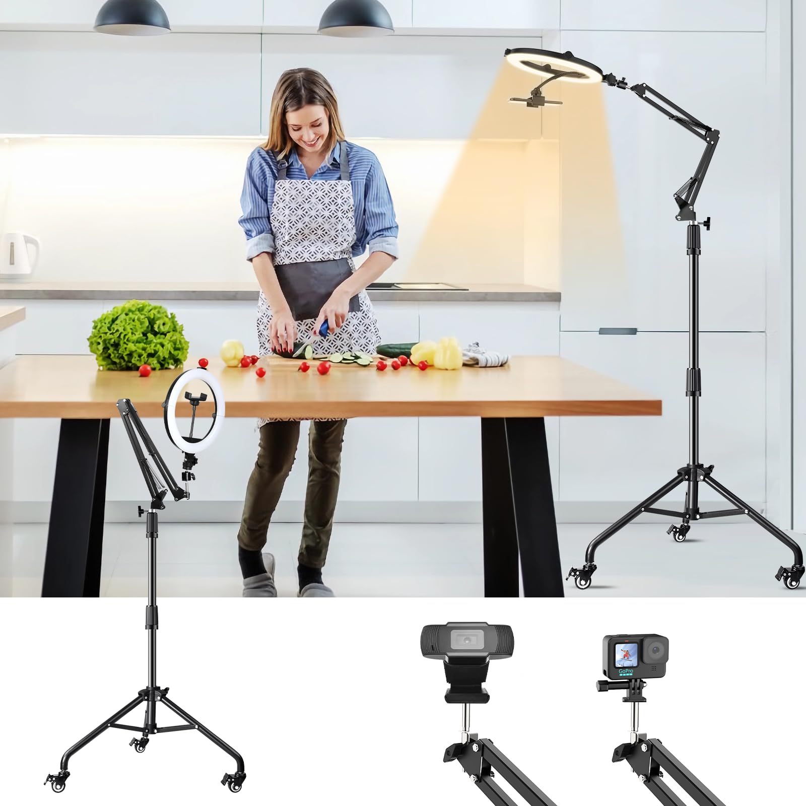 Overhead Phone Tripod For Cooking Videos With Casters, Ring Light With Stand Overhead Phone Mount Holder, Selfie Light Stand For