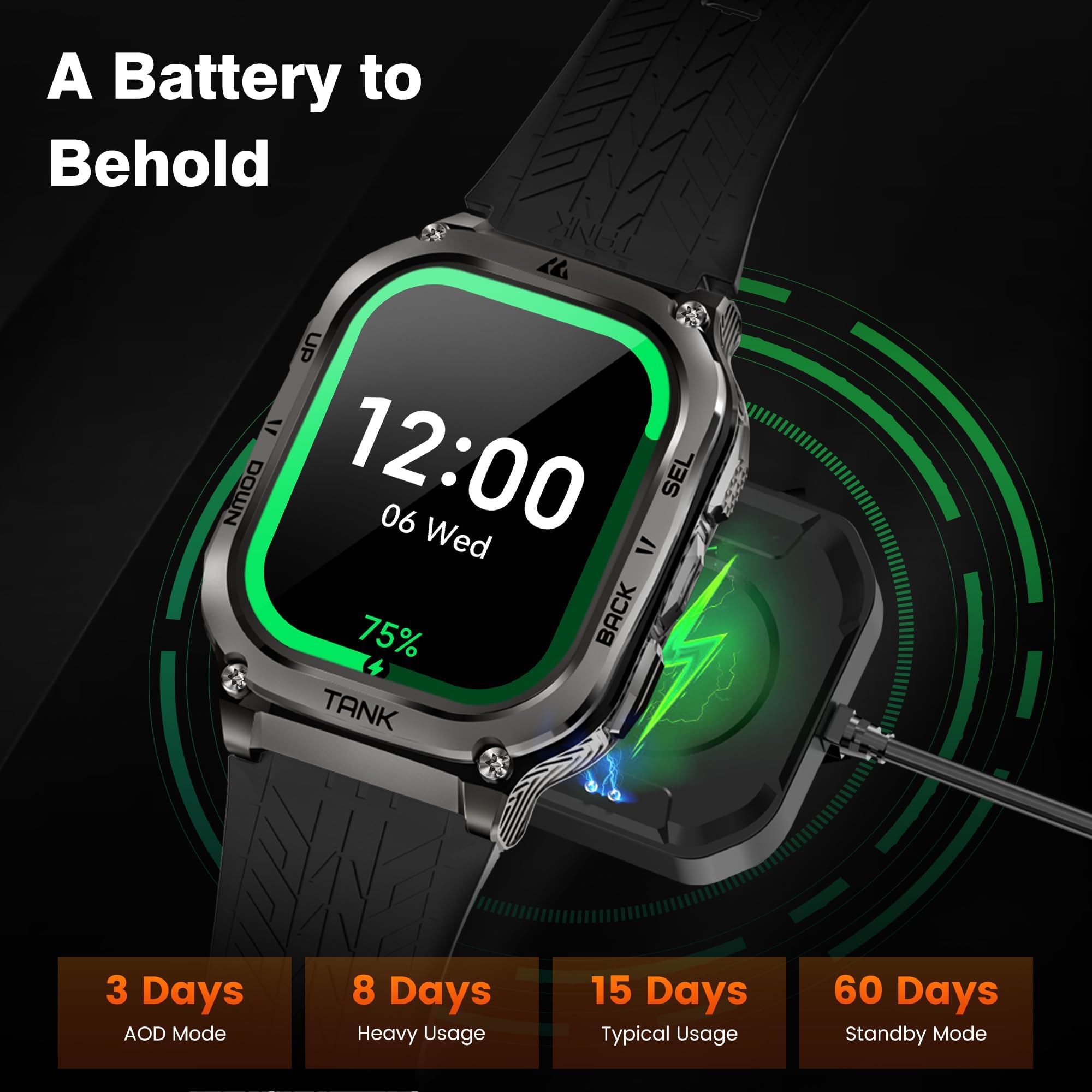 Amaztim Smart Watch, 60 Days Extra-Long Battery, 5Atm Waterproof Swimming Diving, Full Metal Military Grade, Answer/Make Call, 2