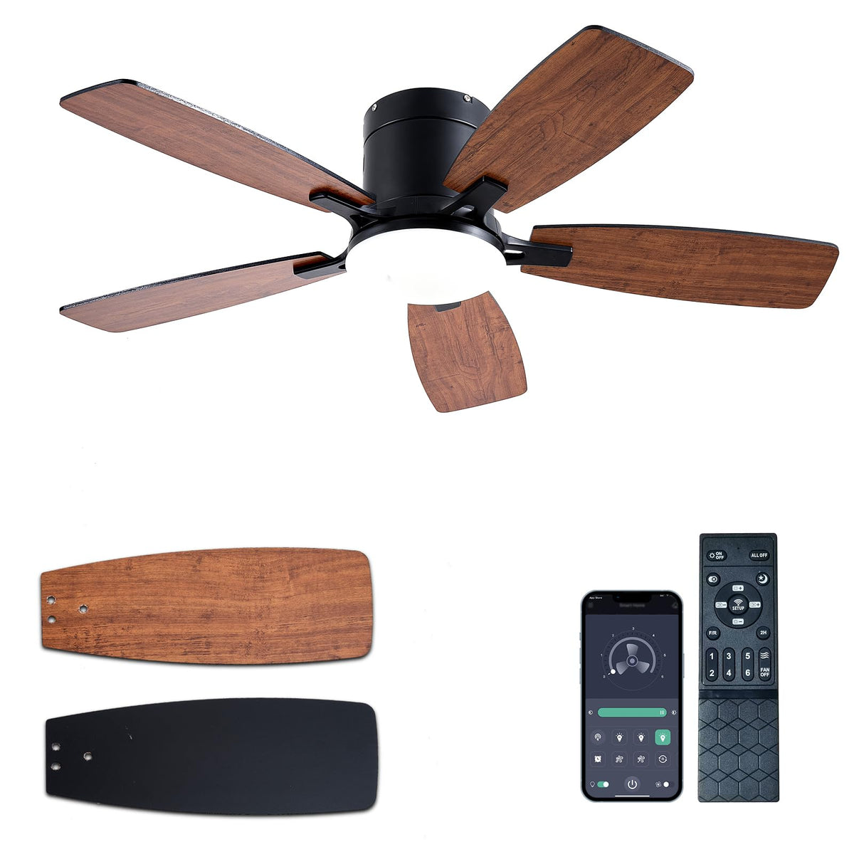 Ayaoty Ceiling Fans With Lights, 42 Inch Low Profile Ceiling Fan With Light And Remote Control, Flush Mount, Led Dimmable Dc Rev
