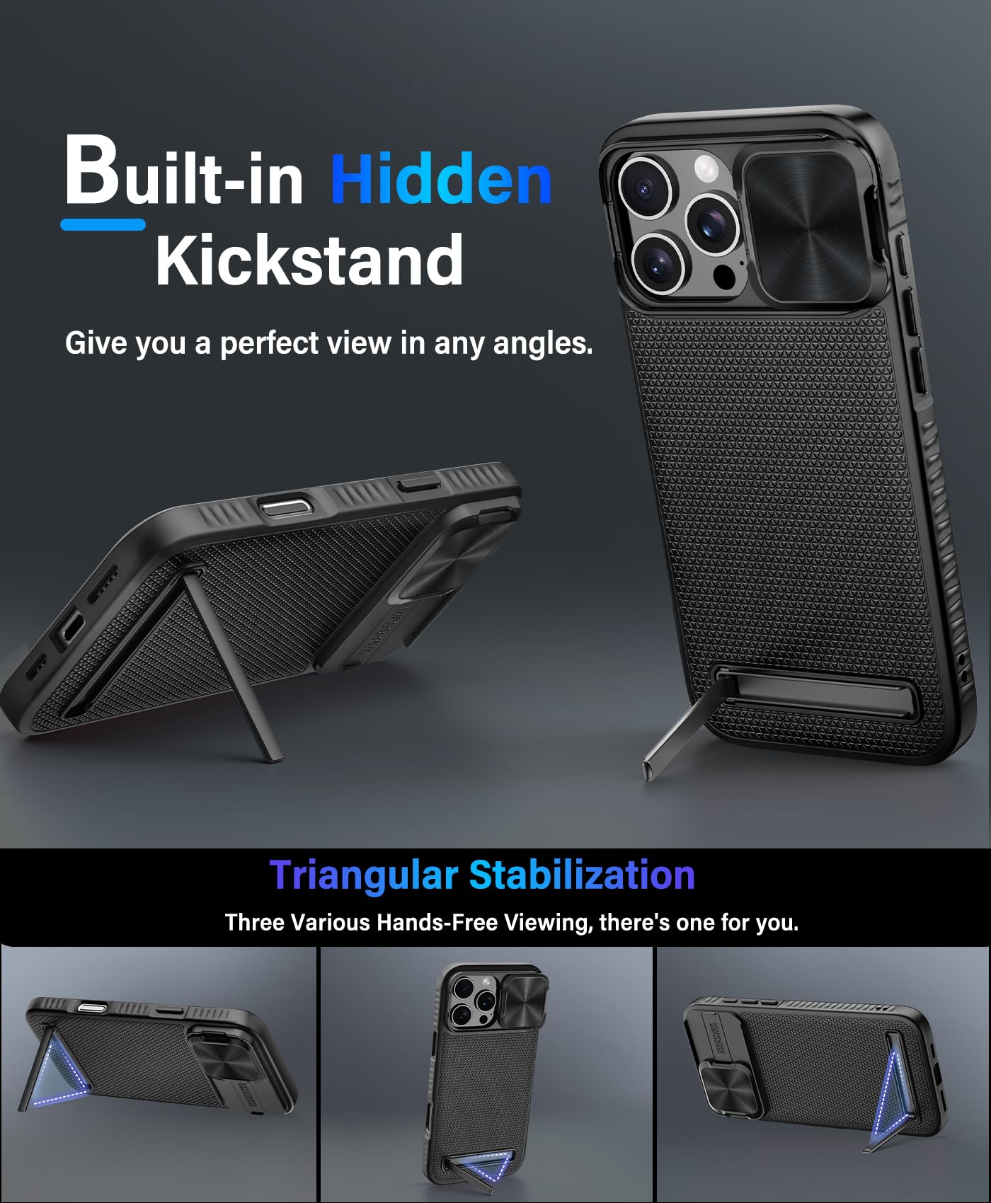 Vihibii For Iphone 16 Pro Case With Slide Camera Lens Cover & Kickstand, [Compatible With Magsafe], Military Grade Drop Protecti