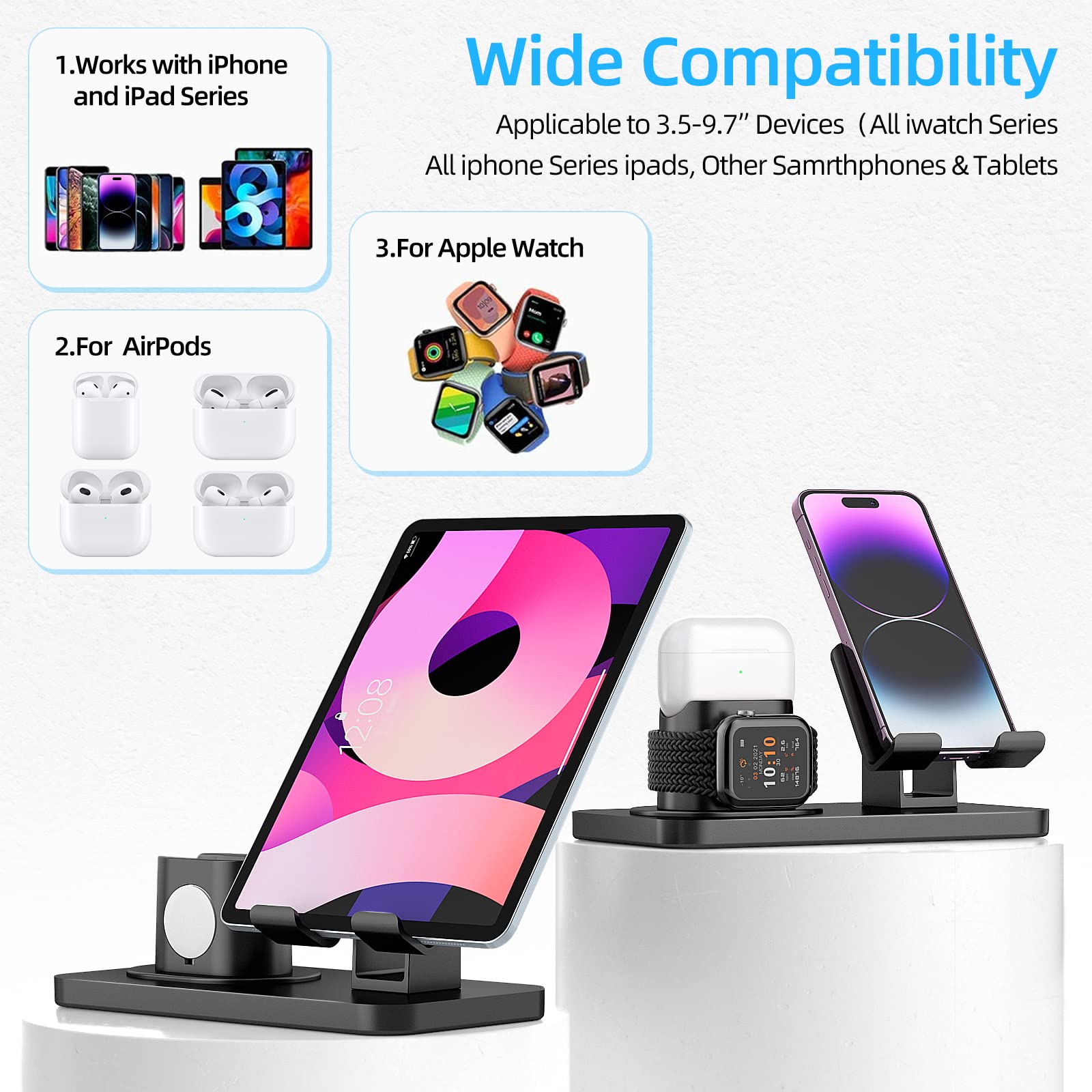 180Rotation Phone Charger Stand Holder,3In1 Charger Dock, Charging Stand For Apple Iwatch/Airpods/Ipad And Most Smartphones (Bla