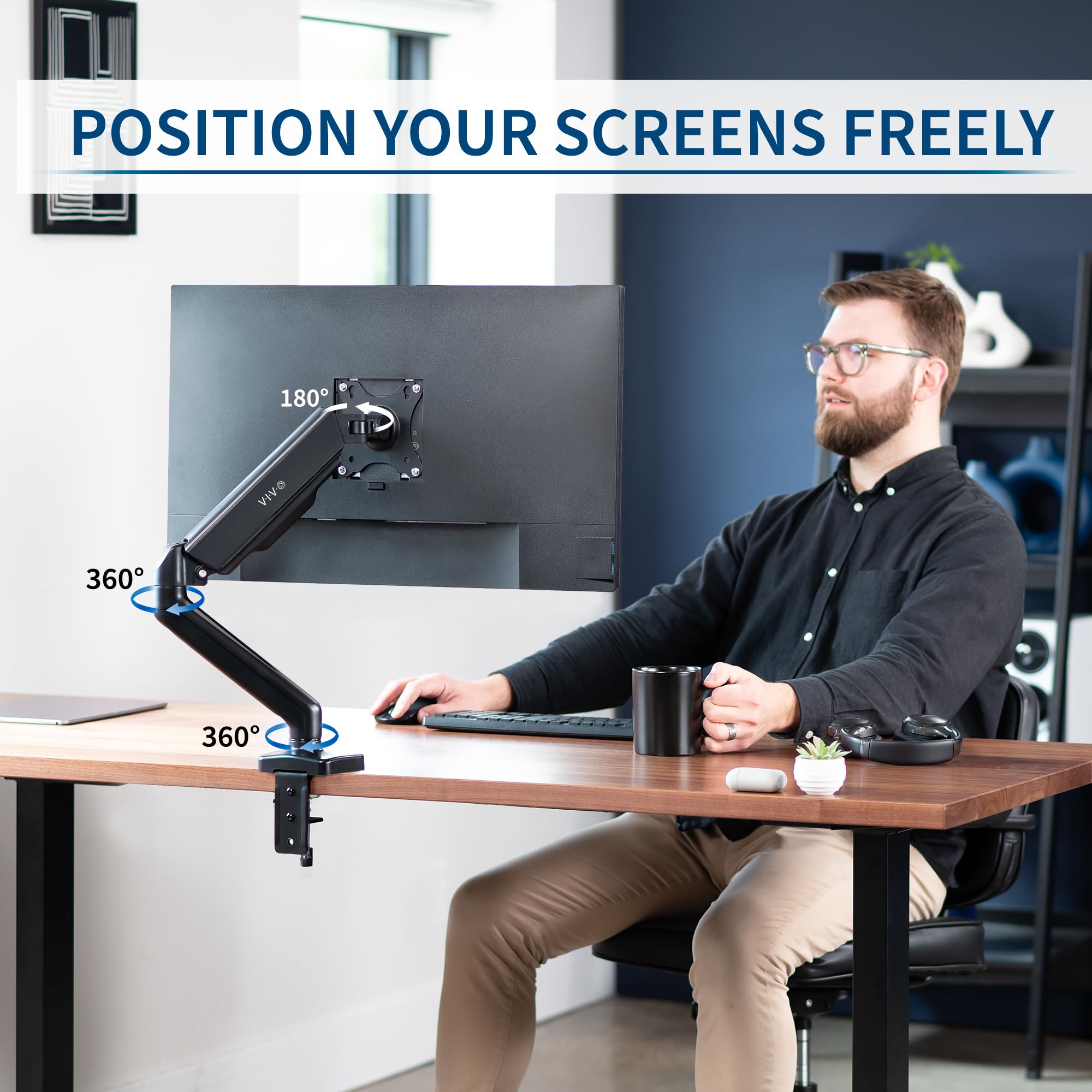 VIVO Single Monitor Height Adjustable Counterbalance Pneumatic Arm Desk Mount Stand, Classic, Universal VESA Fits Screens up to 32 inches, STAND V001O