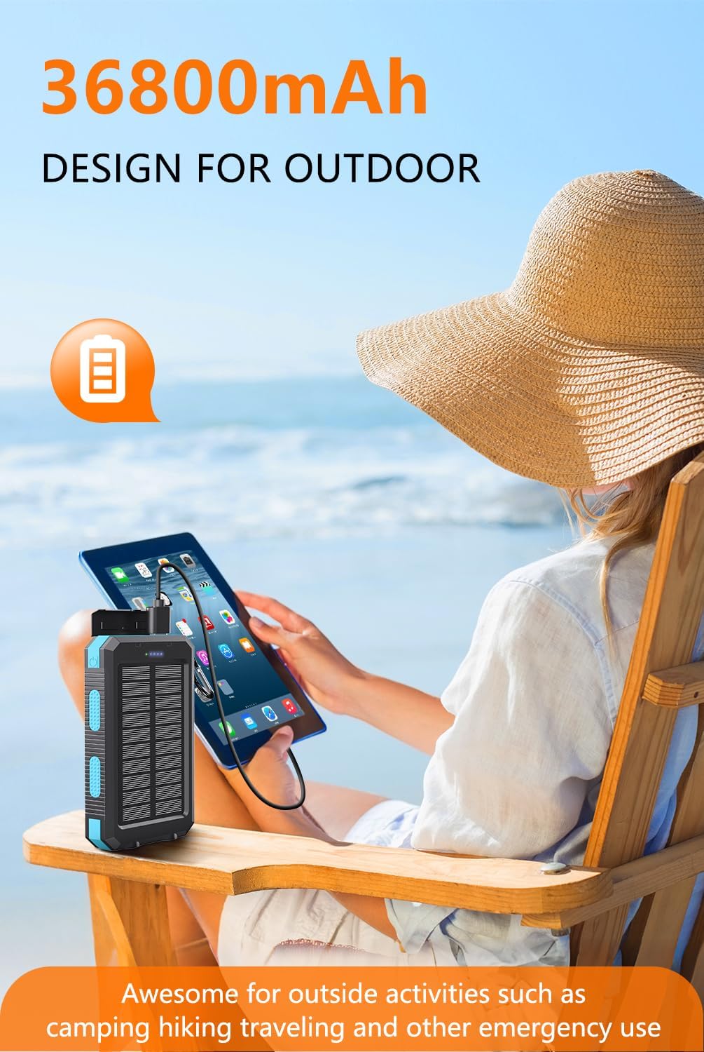 Power Bank 10000Mah Solar Portable Charger With Usb-C 5V/3.1A Fast Charging Compatible With Iphone, With 2 Led Flashlights And I