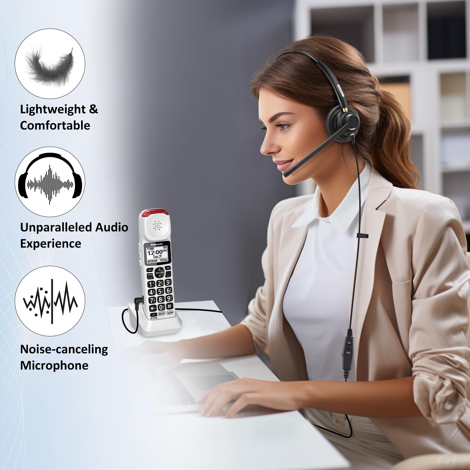Phone Headset 2.5Mm With Noise Canceling Microphone & Mute Switch, Comfort Fit Telephone Headset For Panasonic Vtech At&T Uniden