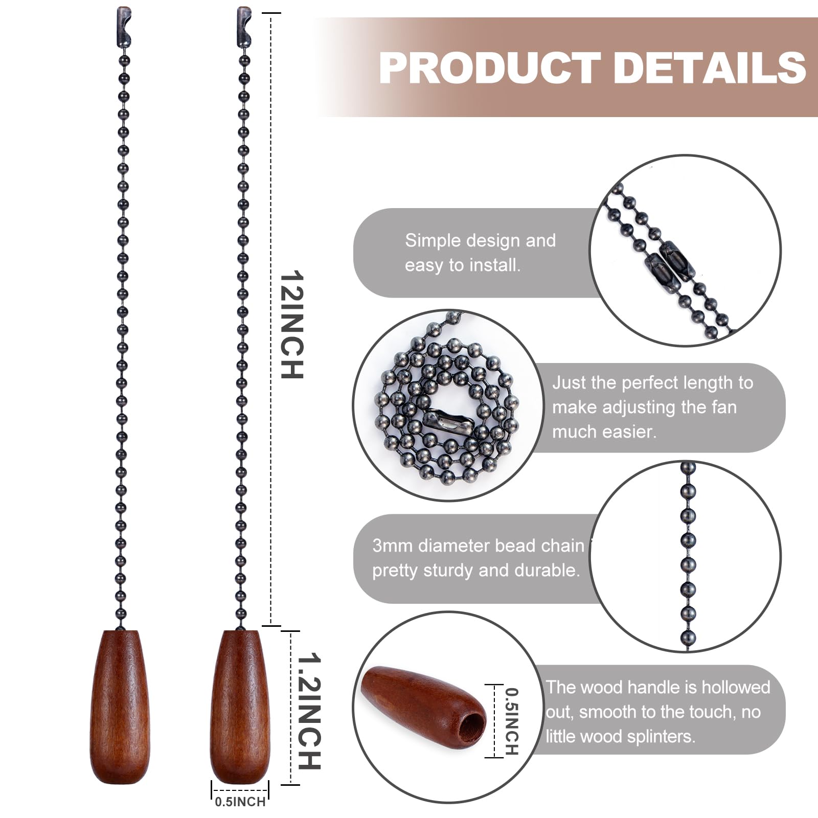 6 Pieces Wooden Ceiling Fan Pull Chains Extender Set, 12 Inch Decorative Pulls Chain Extension For Ceiling Light Lamp Fan Chain