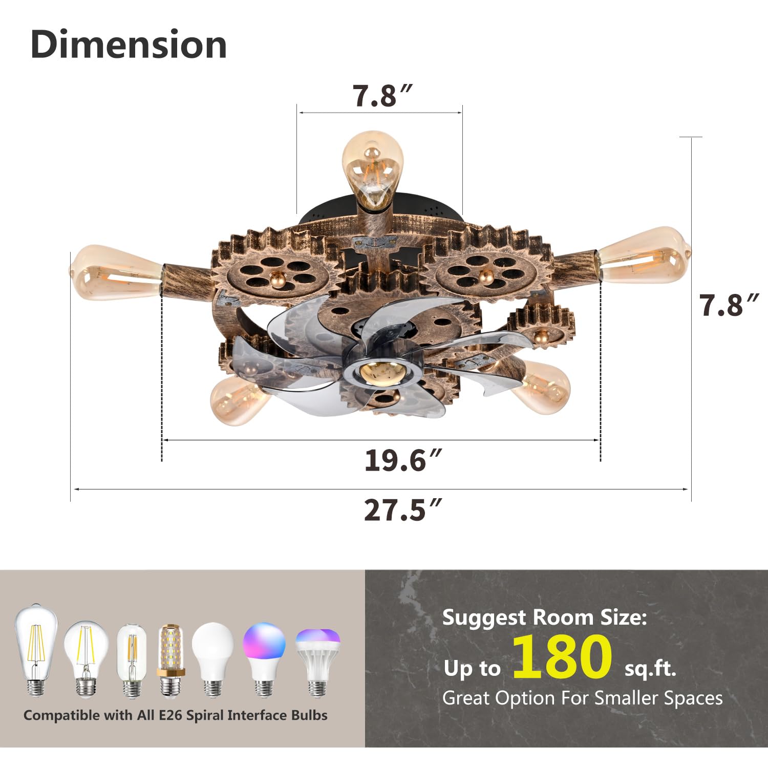 Hueoczw 20'' Retro Industrial Steampunk Ceiling Fans With Lights And Remote,Low Profile Flush Mount Bladeless Ceiling Fan With L