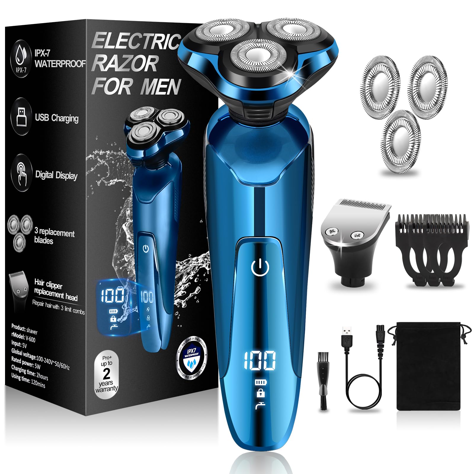 Electric Razor For Men,2024 Mens Electric Shavers Rotary,Led Display 100% Waterproof Cordless Razor, Wet/Dry Shaving,Electric Sh