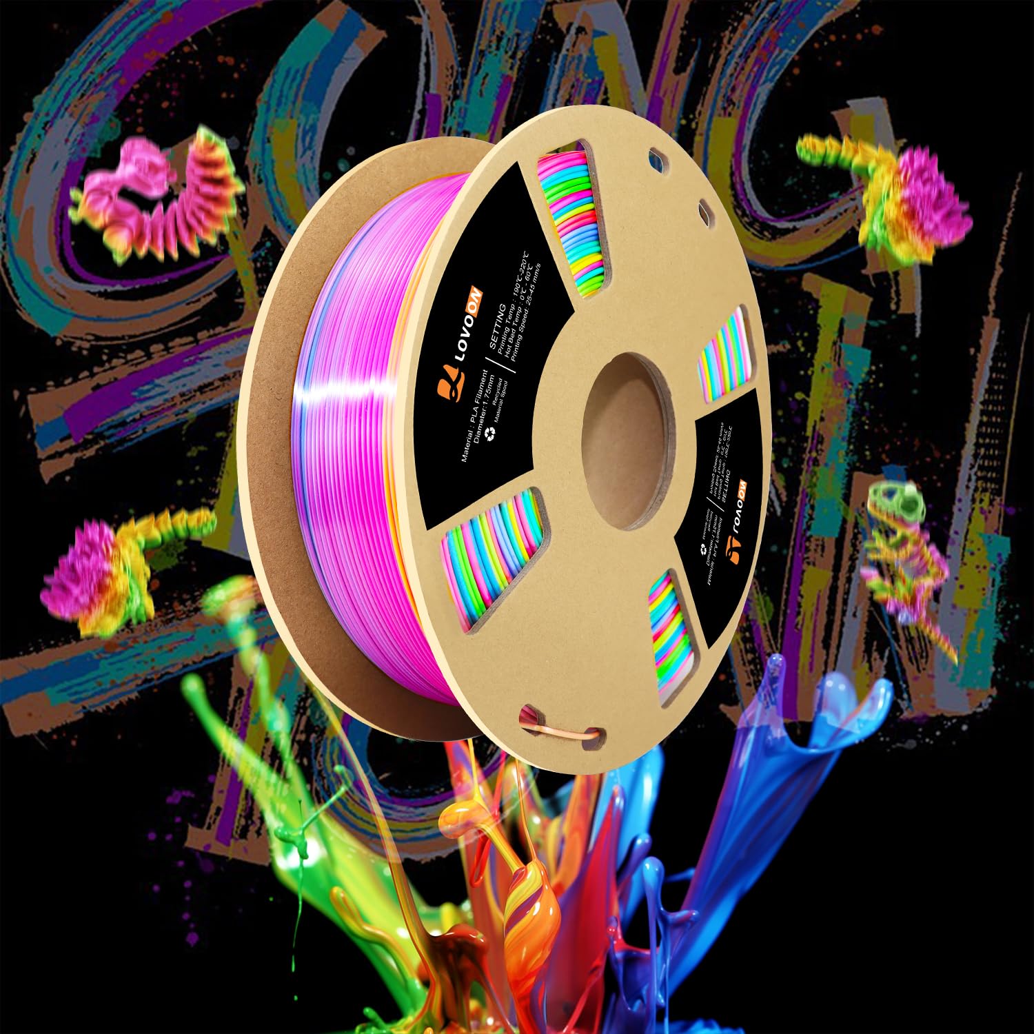 Lovoon Silk Pla 3D Printer Filament, Shiny Rainbow Pla Filament 1.75Mm, Color Change By Length Pla 3D Printing Filament, Multico