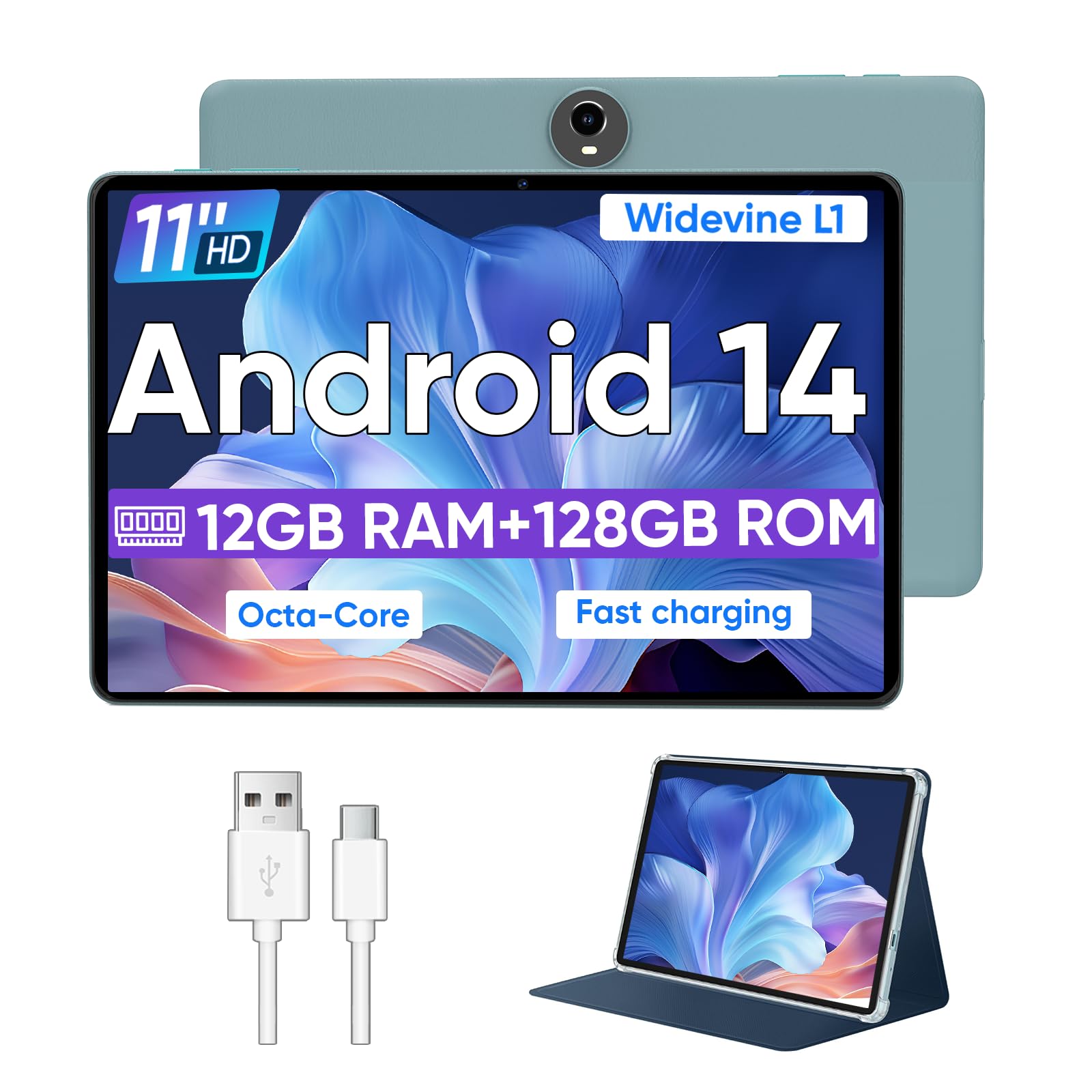 Android 14 Tablet,11 Inch Tablets with Octa Core Processor, 12GB RAM + 128GB ROM 1TB Expand, Widevine L1, 8000mAh Battery, 2.4/5