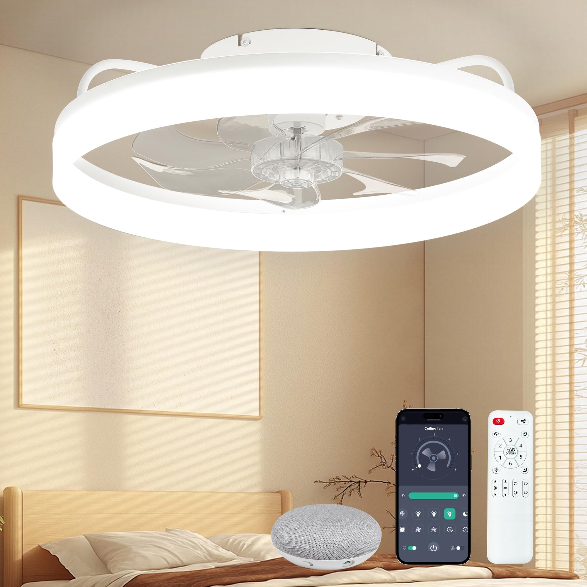 Smart Ceiling Fans With Lights Remote   Wifi Alexa Ceiling Fans For Bedroom   Low Profile Modern Ceiling Fan   20'' Flush Mount